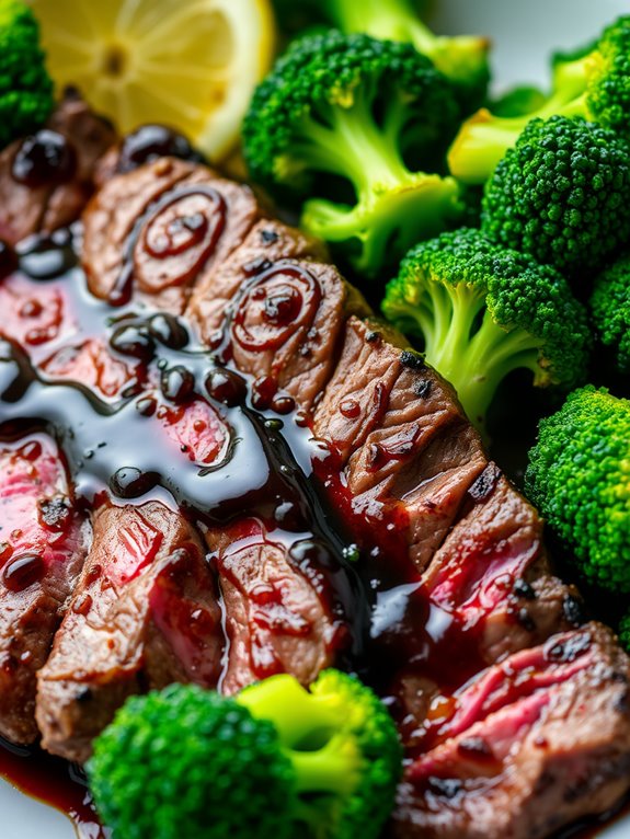 balsamic flavored steak with broccoli