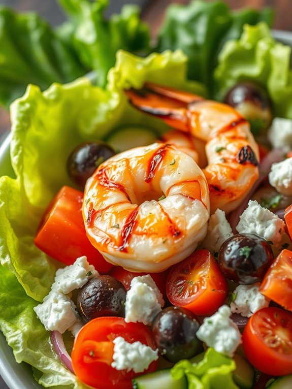grilled shrimp atop greek salad