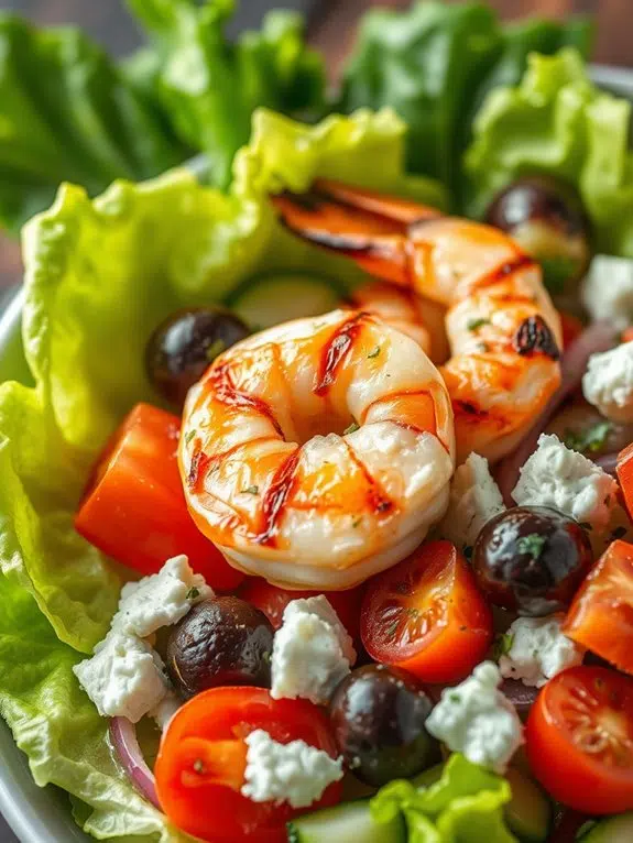 grilled shrimp atop greek salad