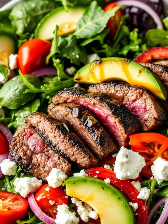 grilled steak on salad