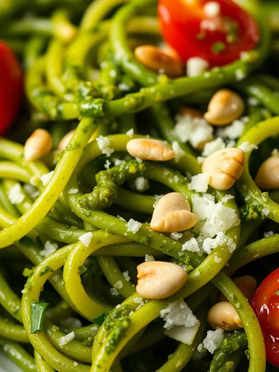 zucchini noodles topped with pesto