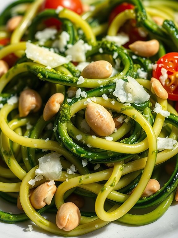 zucchini noodles topped with pesto