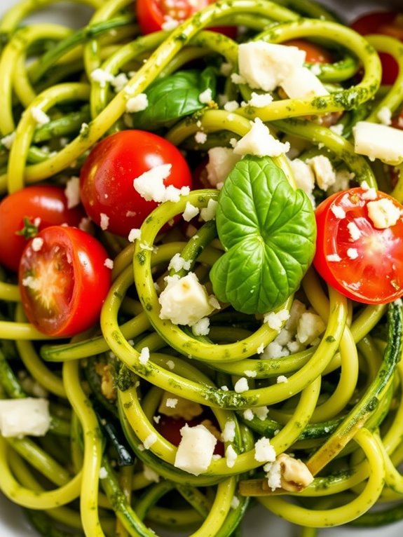 zucchini noodles topped with pesto
