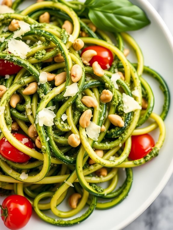 zucchini noodles topped with pesto