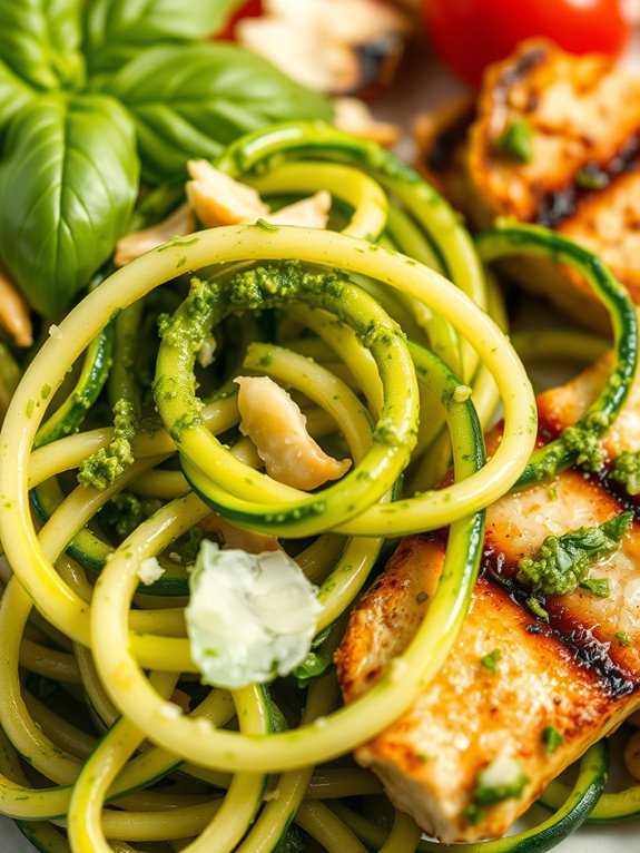 zucchini noodles topped with pesto