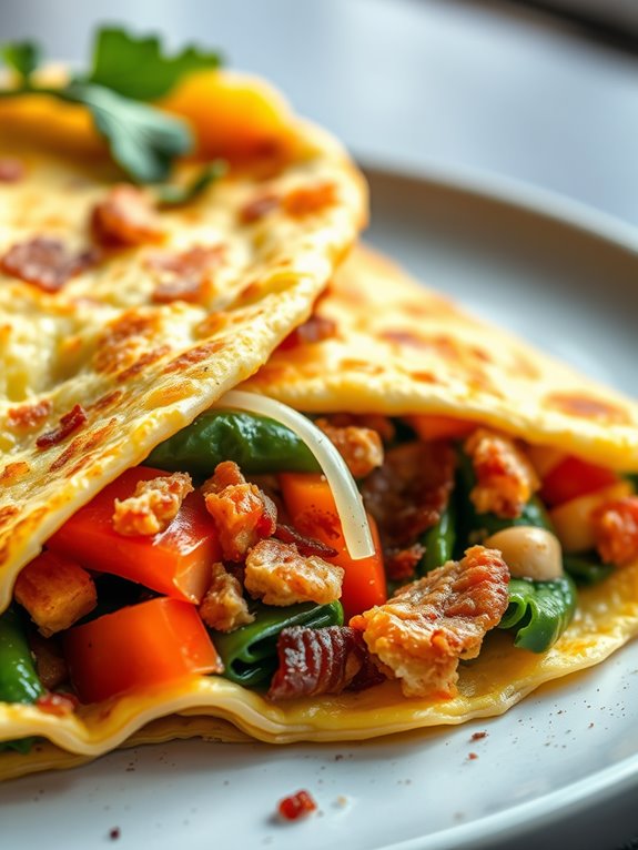 bacon filled vegetable omelet