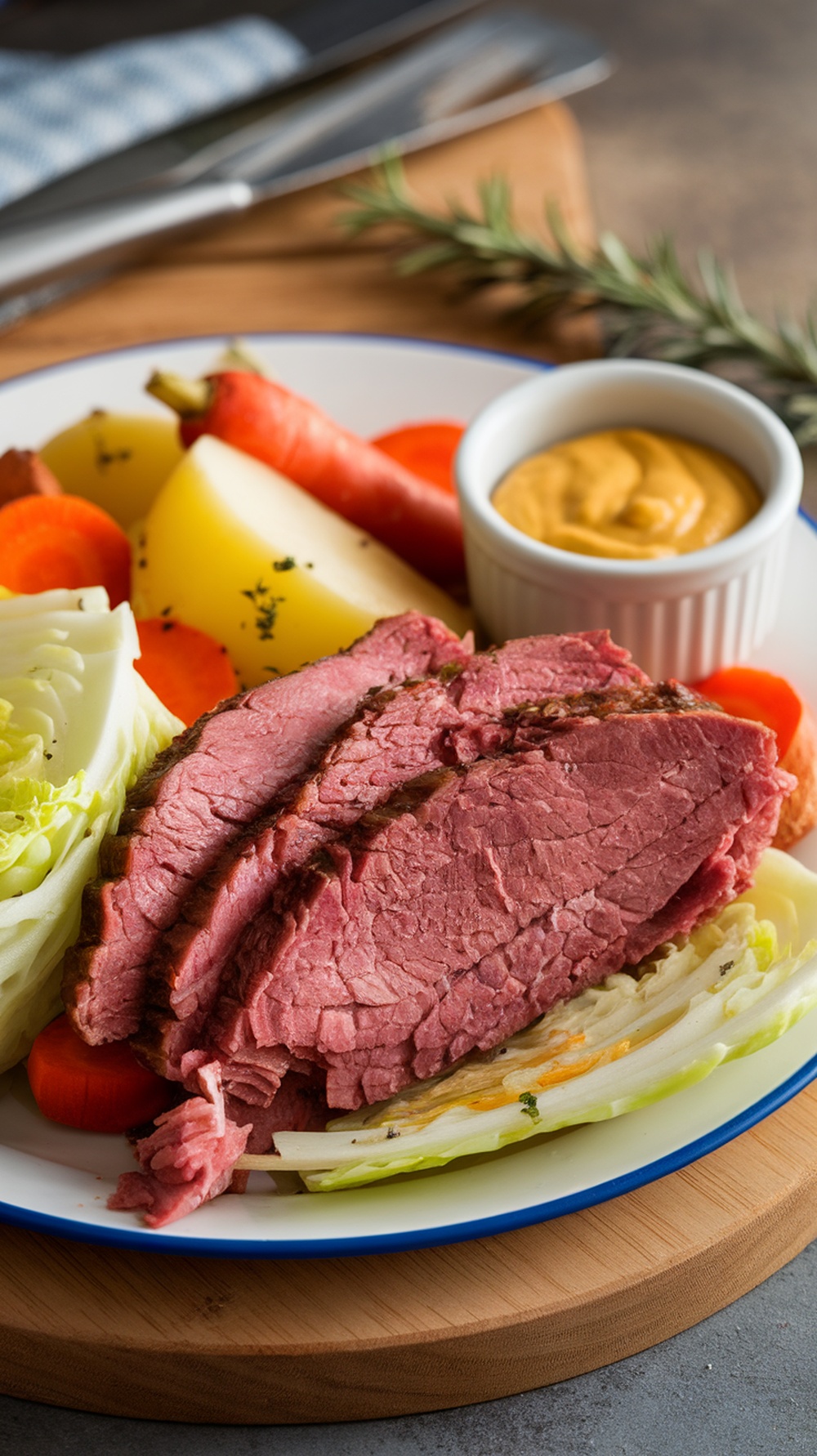 A plate of classic corned beef and cabbage with vegetables