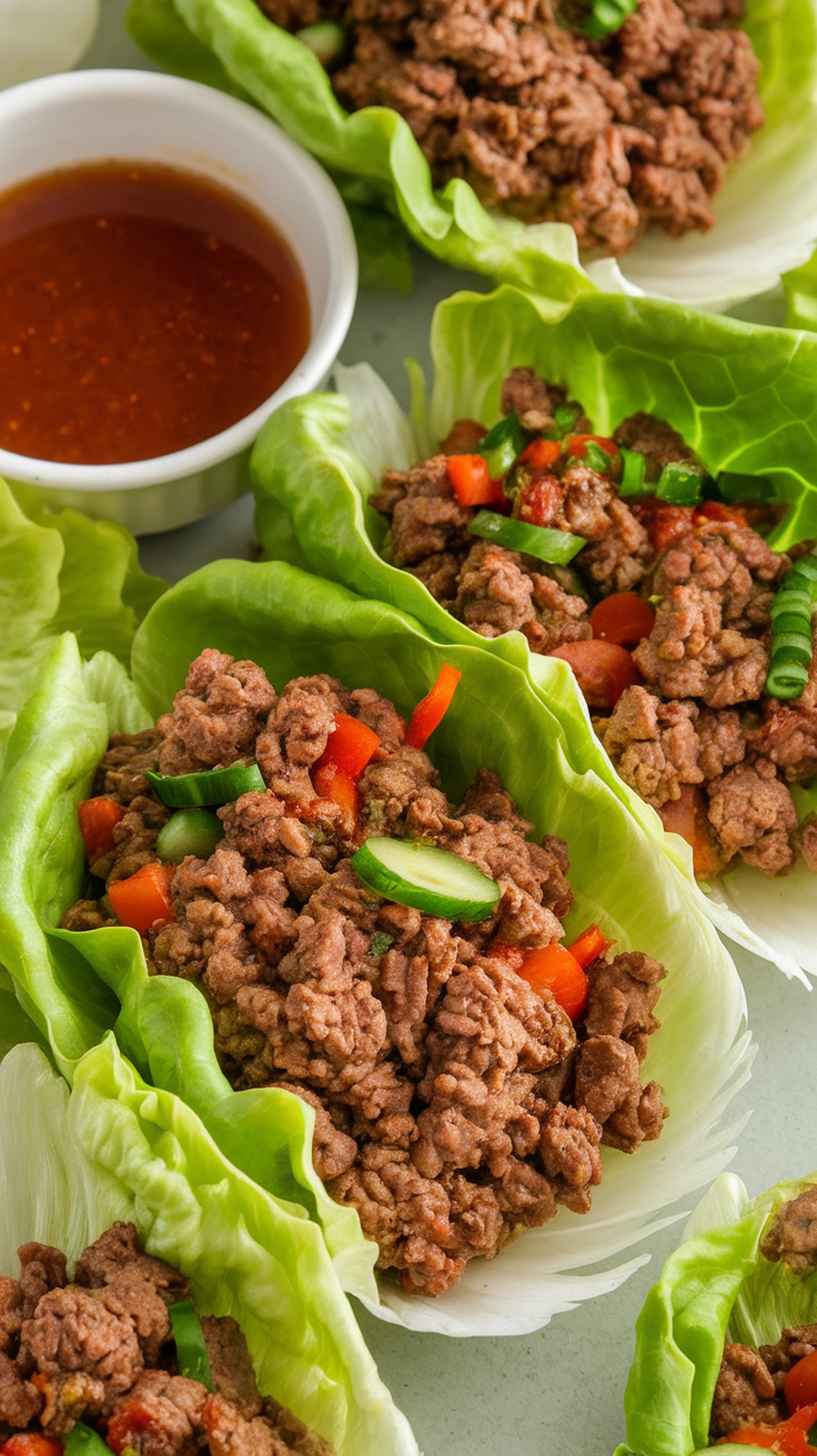 Asian Beef Lettuce Wraps with ground beef and fresh vegetables