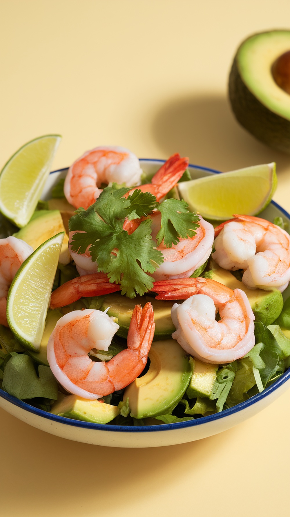 A vibrant avocado and shrimp salad with lime wedges and cilantro on a yellow background.