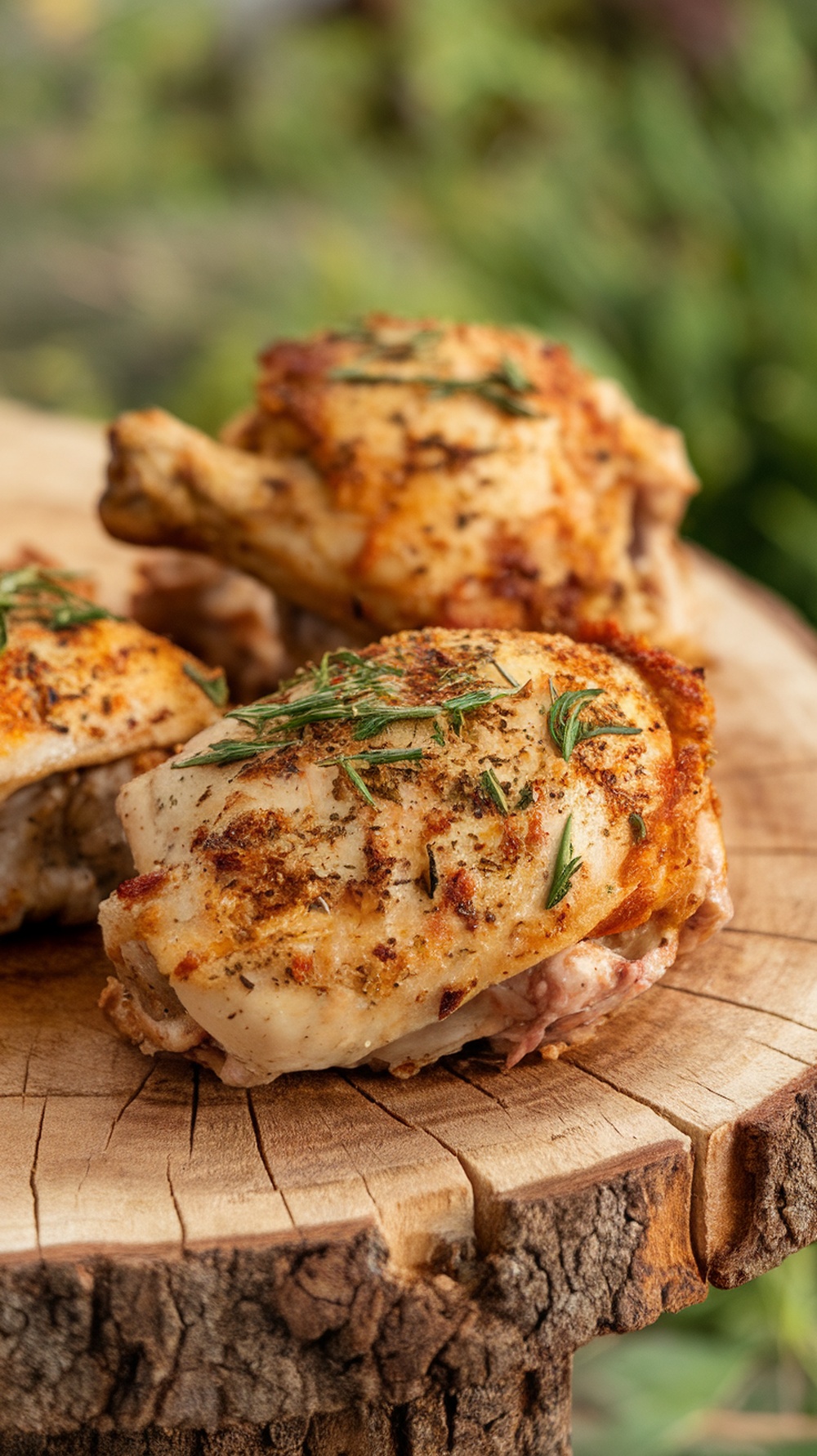 Baked chicken thighs with Italian herbs on a wooden surface