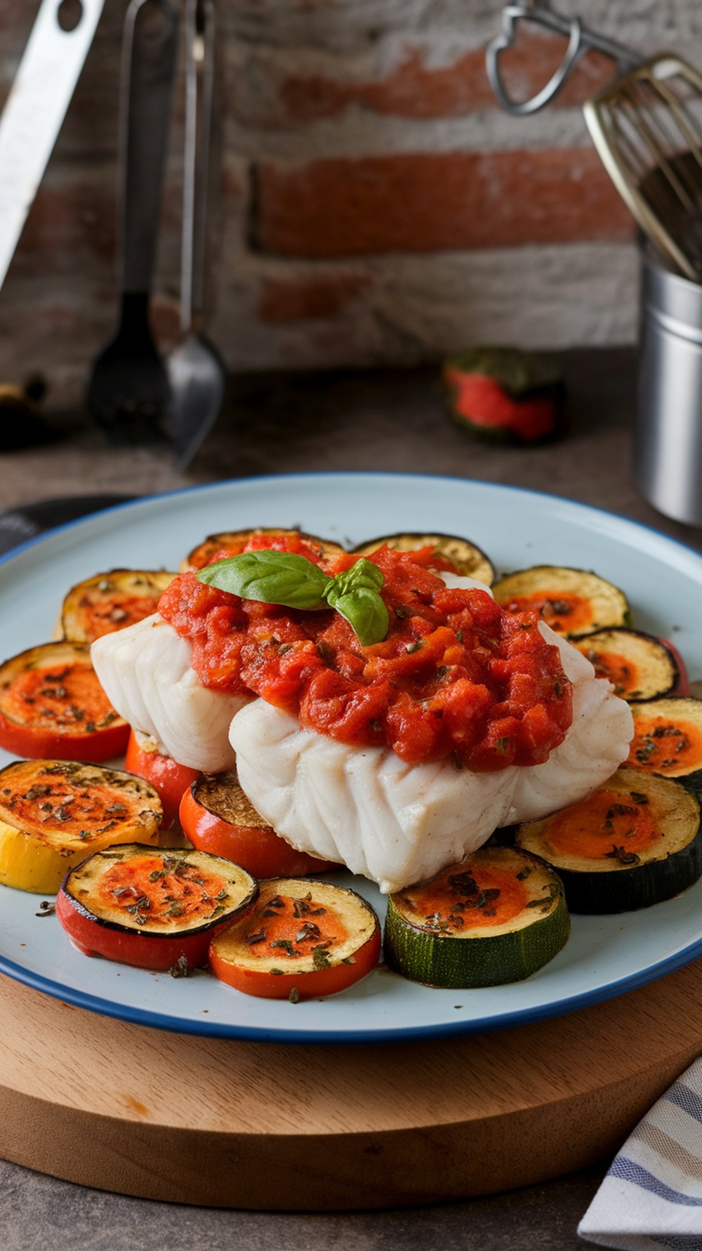 Baked cod fillet topped with tomato basil sauce, served with sliced zucchini and squash.
