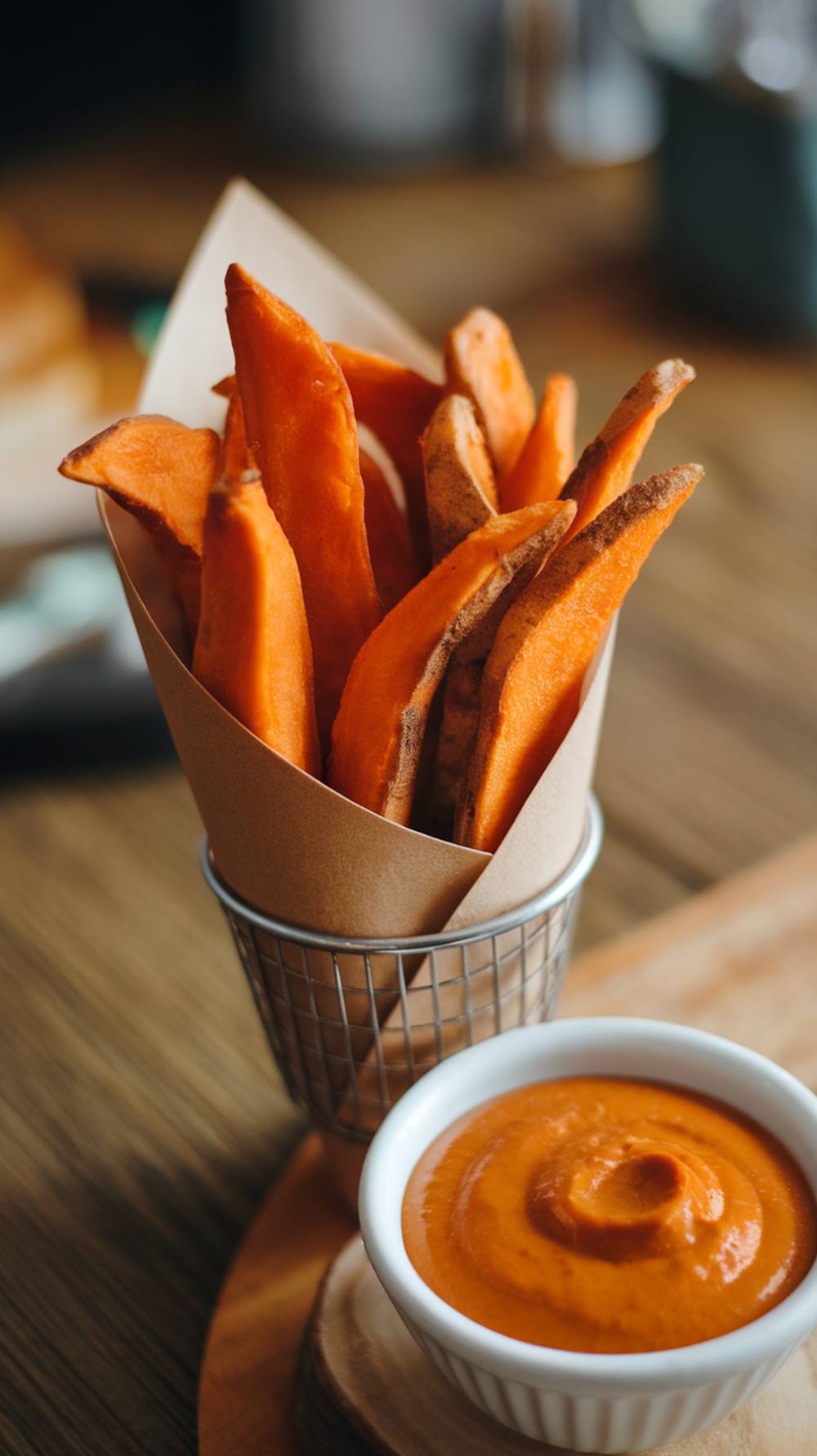 A serving of baked sweet potato fries in a cone-shaped holder with a bowl of dipping sauce