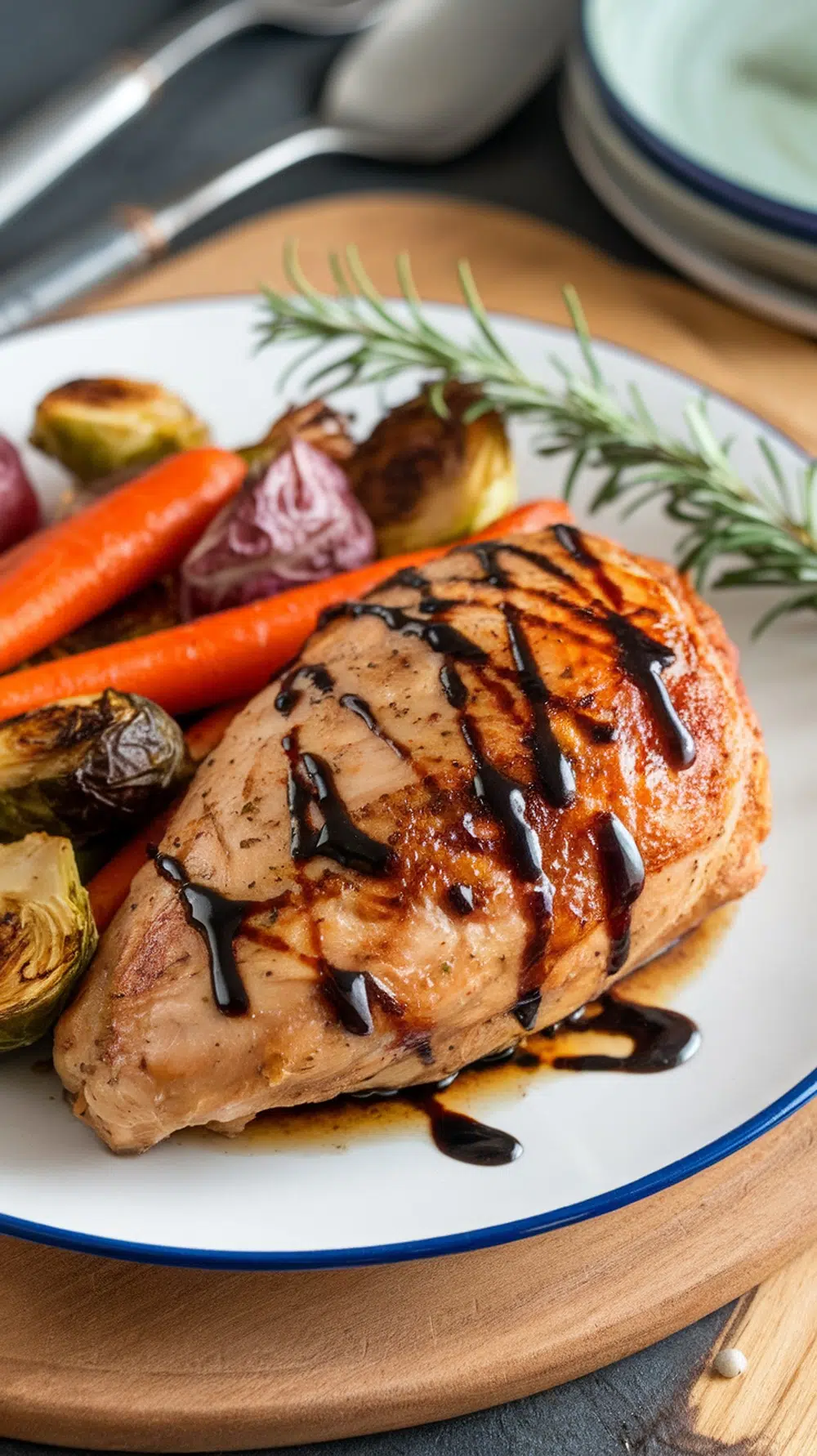 Balsamic glazed chicken breast served with roasted carrots and Brussels sprouts on a plate.