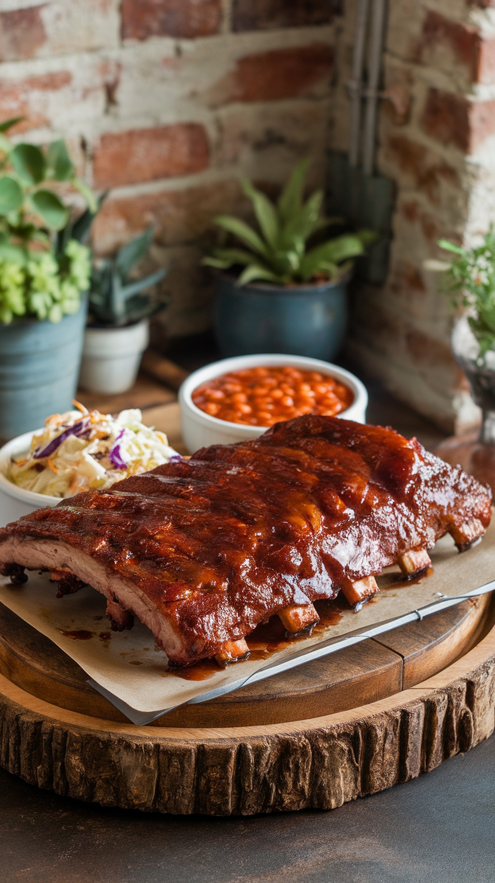 A delicious rack of barbecue ribs with homemade sauce, served with coleslaw and baked beans on a wooden platter.