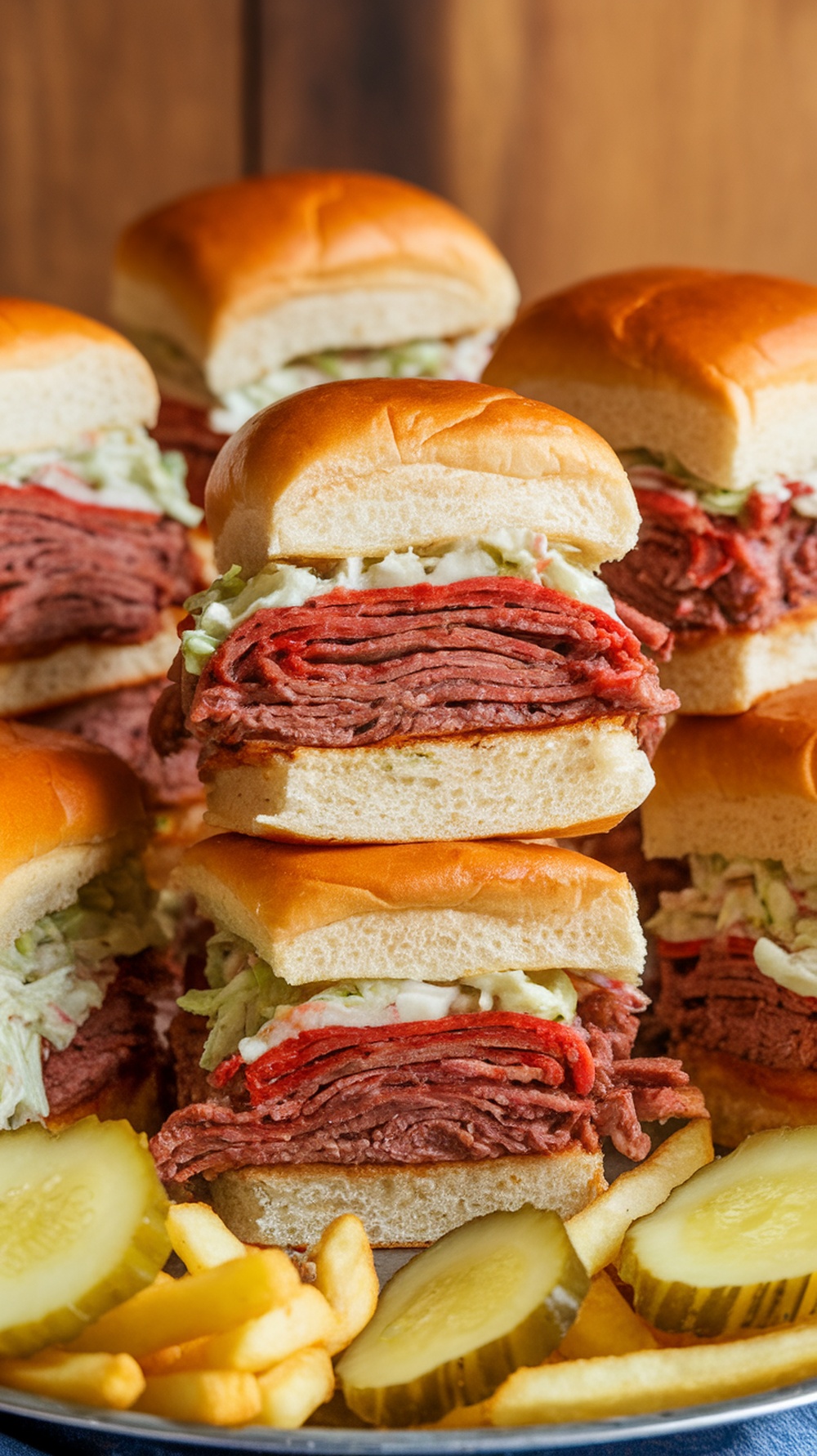 BBQ beef sliders stacked with coleslaw and pickles