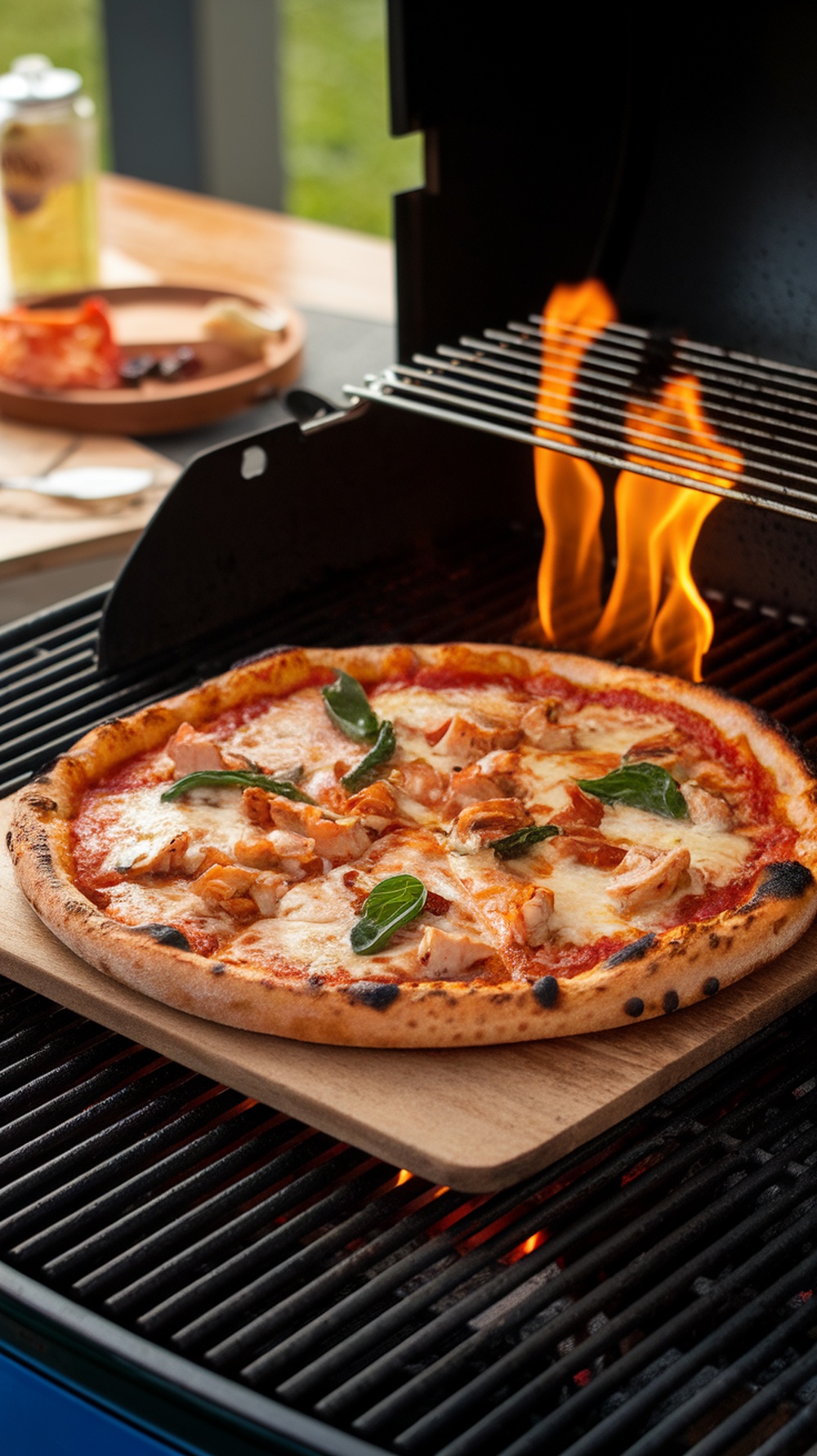 Grilled BBQ chicken pizza with cheese and basil on a grill
