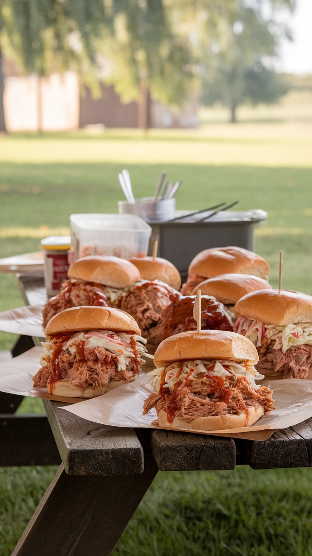 Delicious BBQ pulled pork sandwiches on a picnic table, ready to be enjoyed.