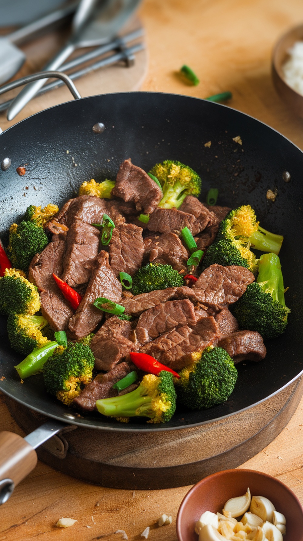 A delicious beef and broccoli stir-fry in a wok, featuring tender beef slices and vibrant broccoli florets.