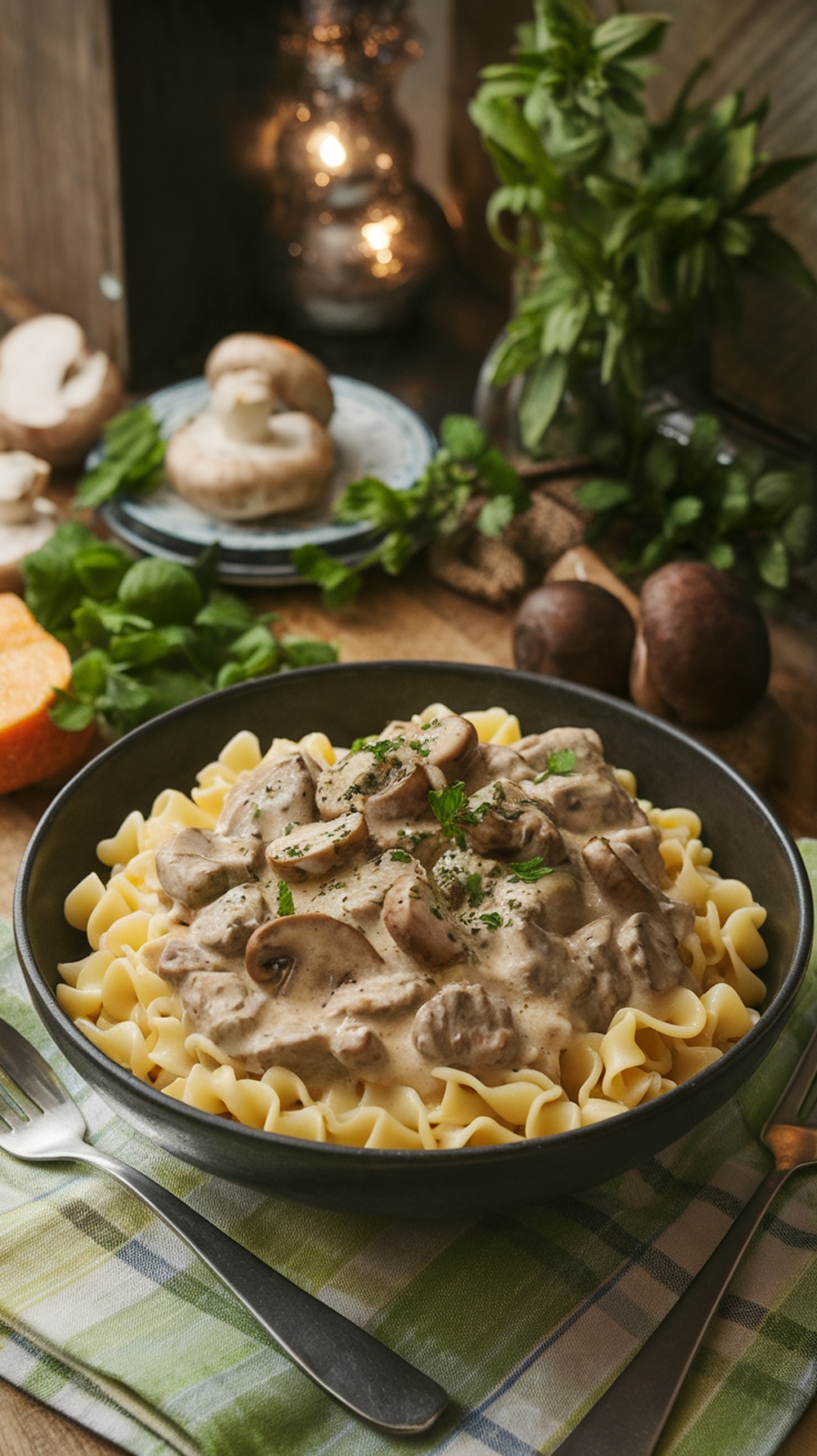 A bowl of Beef and Mushroom Stroganoff served over egg noodles, garnished with parsley, with mushrooms and herbs in the background.