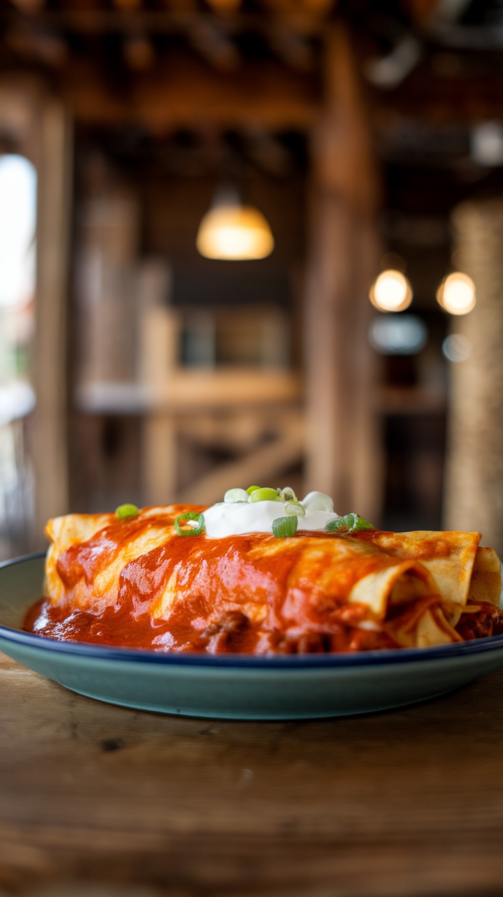 A plate of beef enchiladas topped with red sauce, sour cream, and green onions.