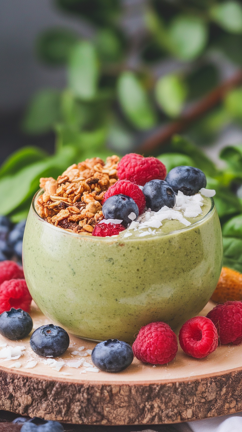 A vibrant Berry and Spinach Smoothie Bowl topped with granola, blueberries, and raspberries.