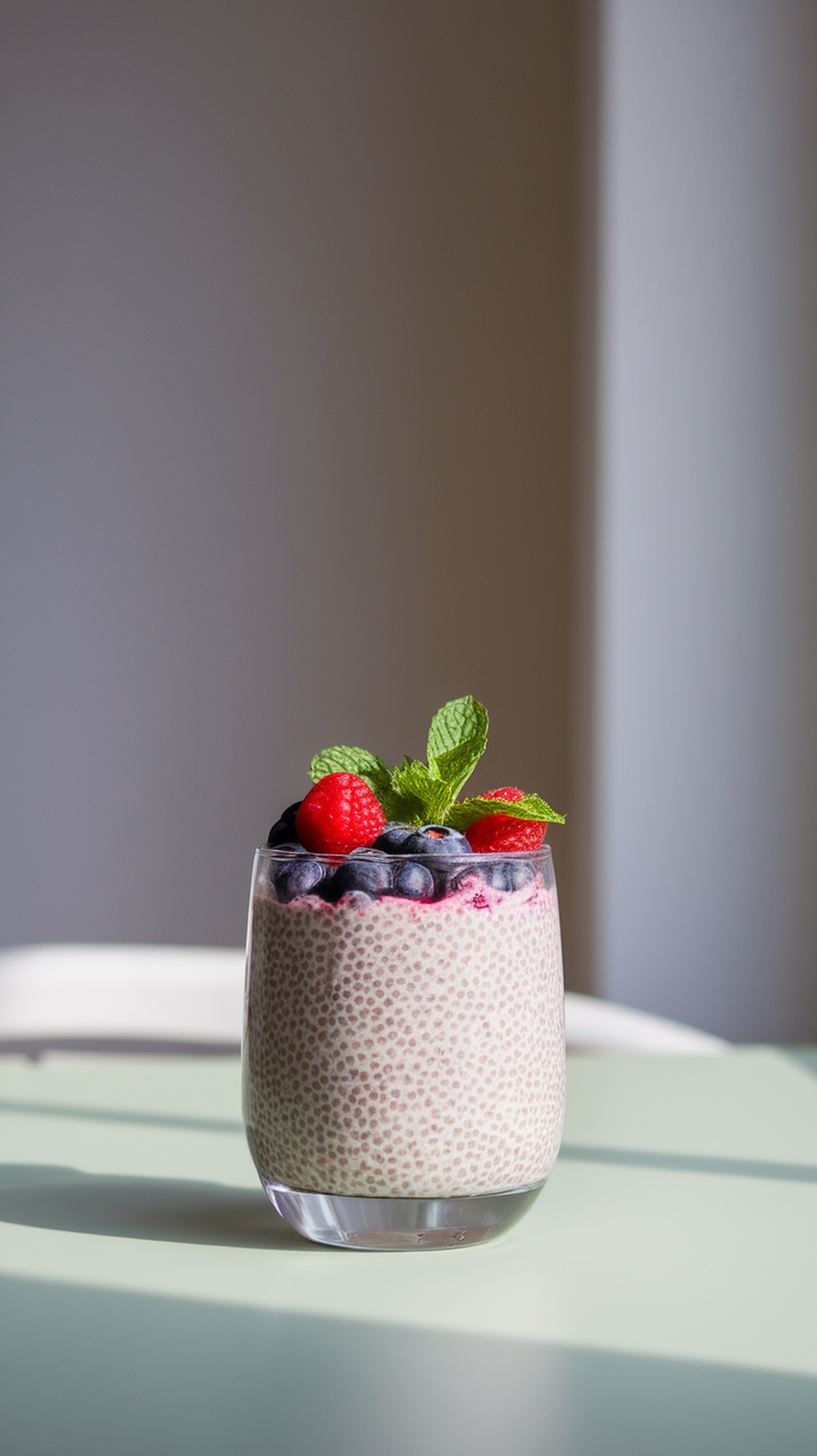 A glass of berry chia seed pudding topped with blueberries, raspberries, and mint leaves.