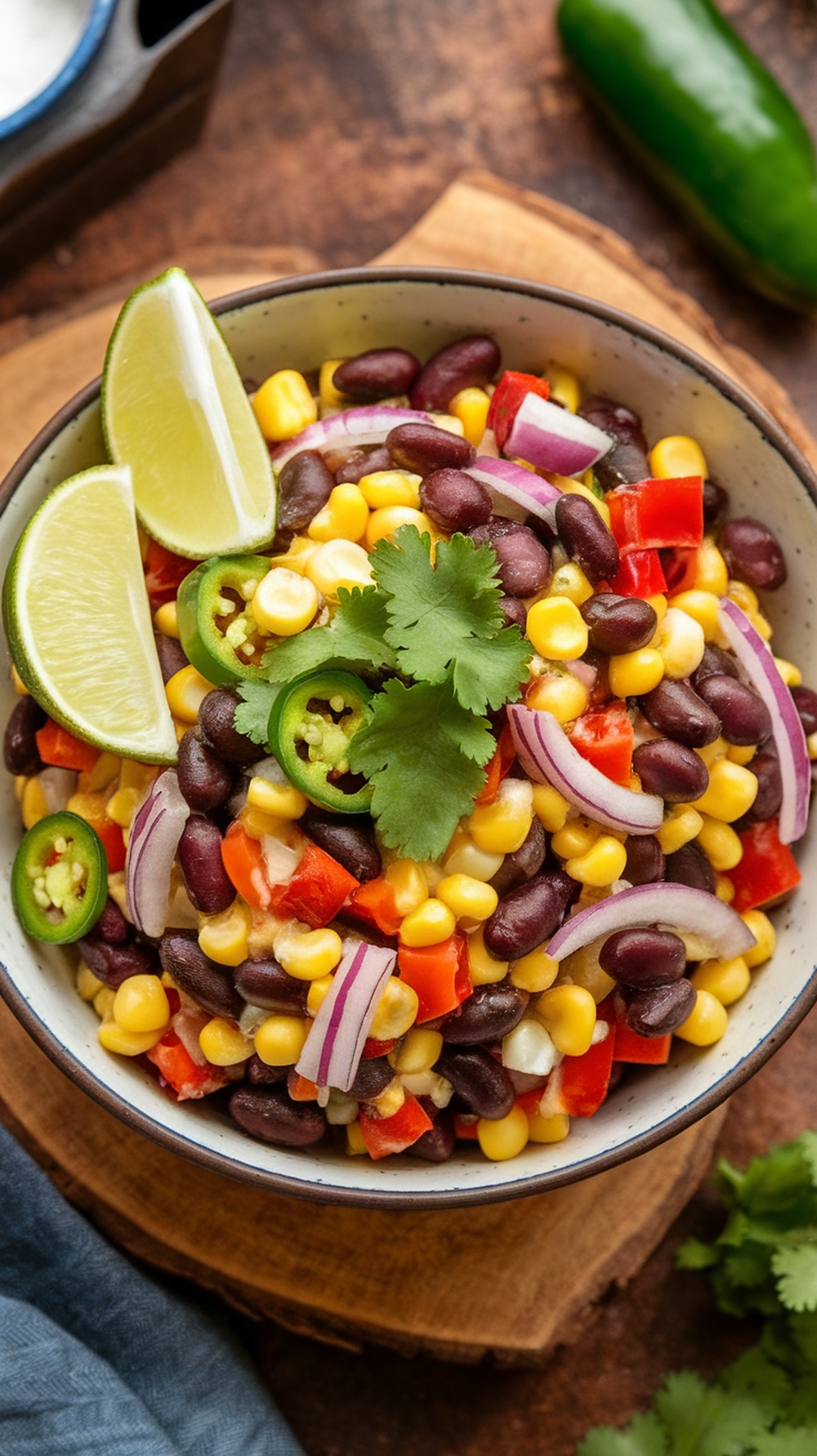 A colorful bowl of black bean and corn salad with lime wedges and cilantro on top.