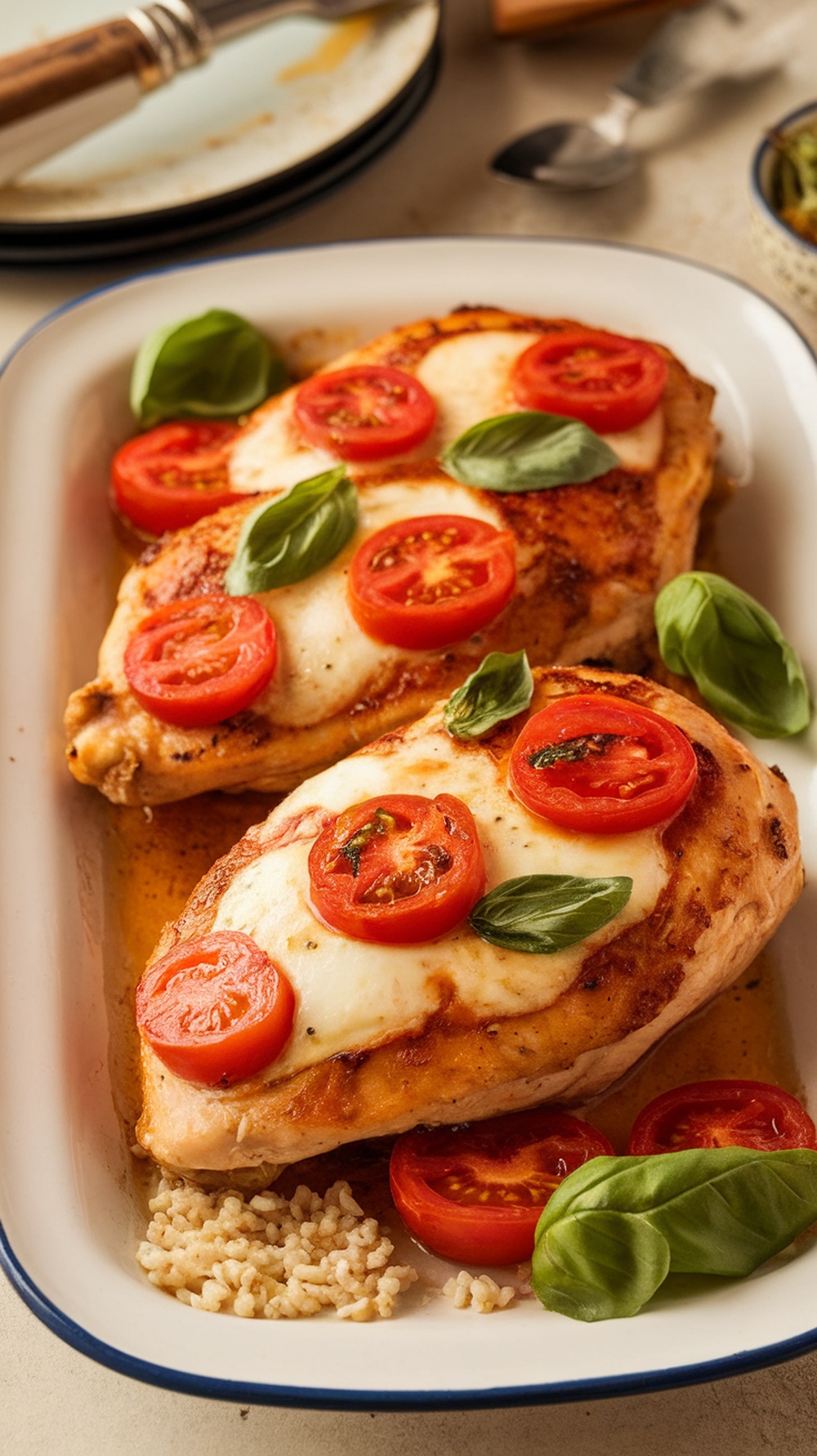 A delicious Caprese Chicken Bake with chicken breasts topped with tomatoes and basil.