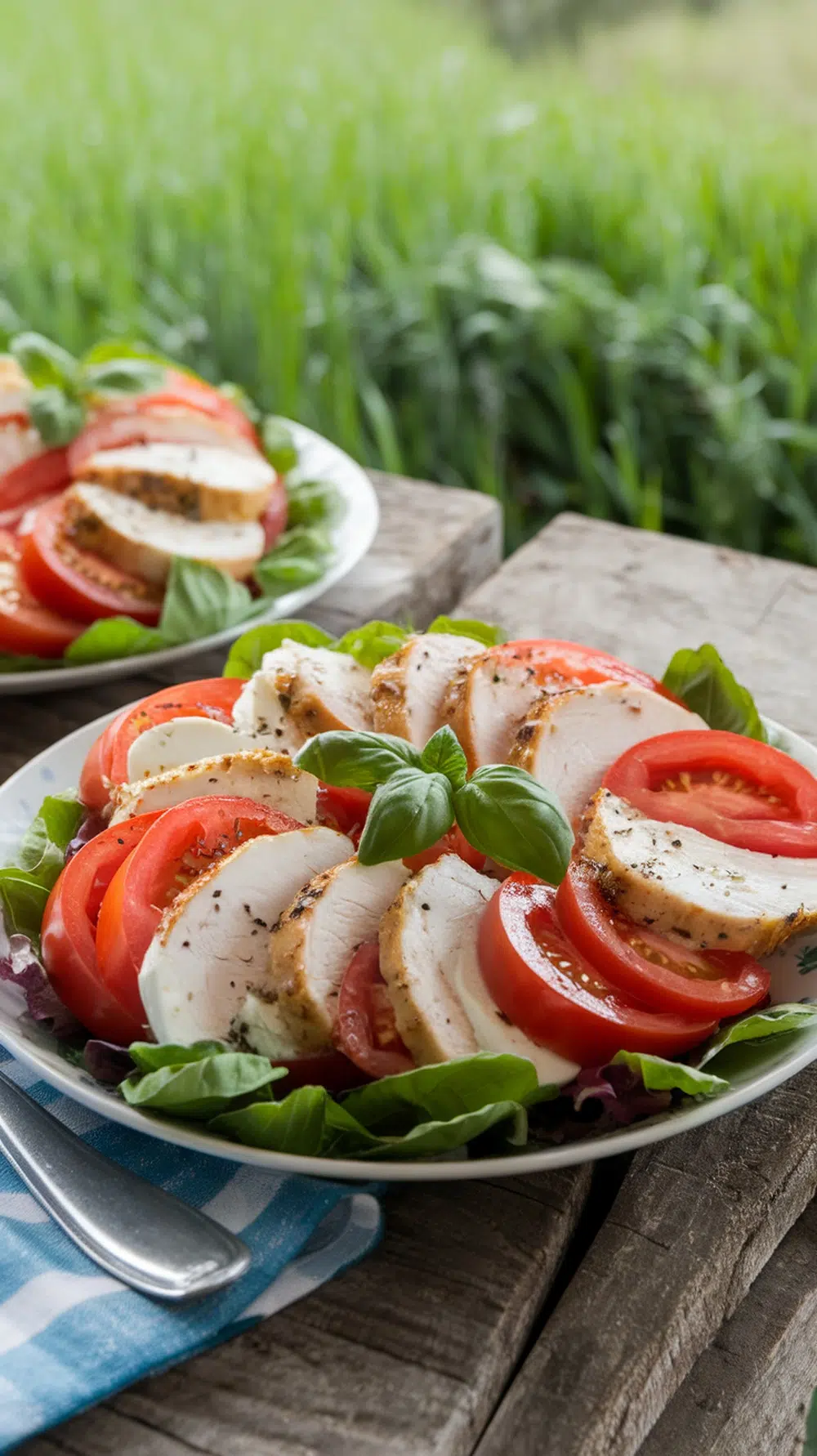 A colorful Caprese Chicken Salad with sliced chicken, tomatoes, mozzarella, and fresh basil on a wooden table.