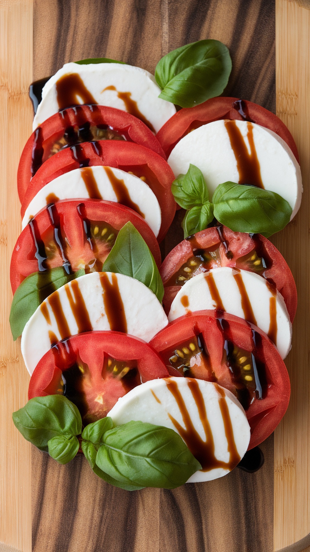 A beautifully arranged Caprese salad featuring slices of tomato and mozzarella, drizzled with balsamic glaze and garnished with fresh basil.