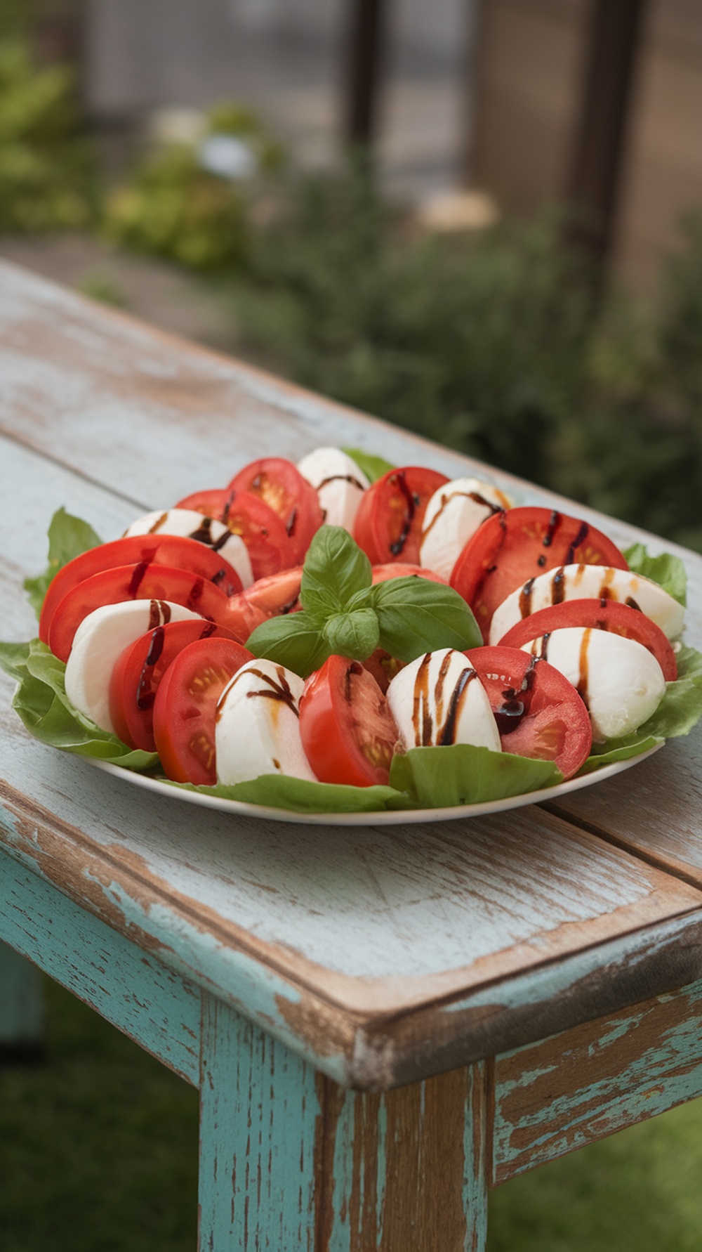 A vibrant Caprese salad with slices of tomatoes and mozzarella, garnished with basil and drizzled with balsamic glaze.