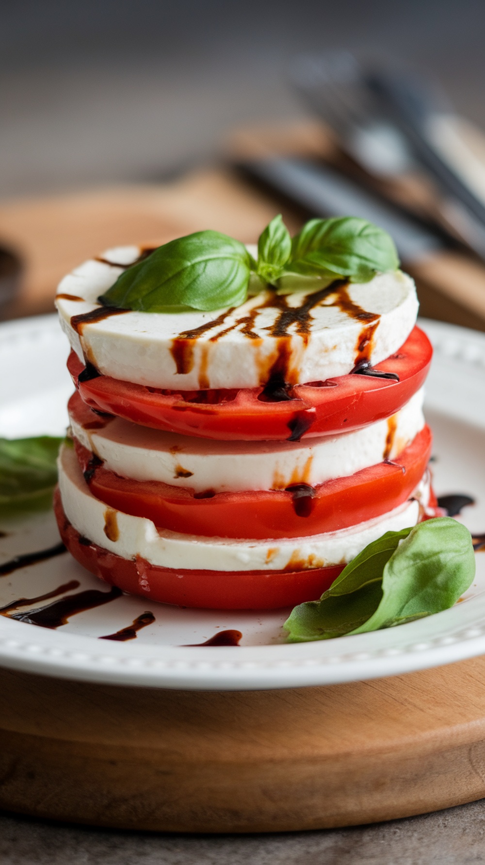 A stacked Caprese salad with fresh mozzarella, tomatoes, and basil, drizzled with balsamic reduction.