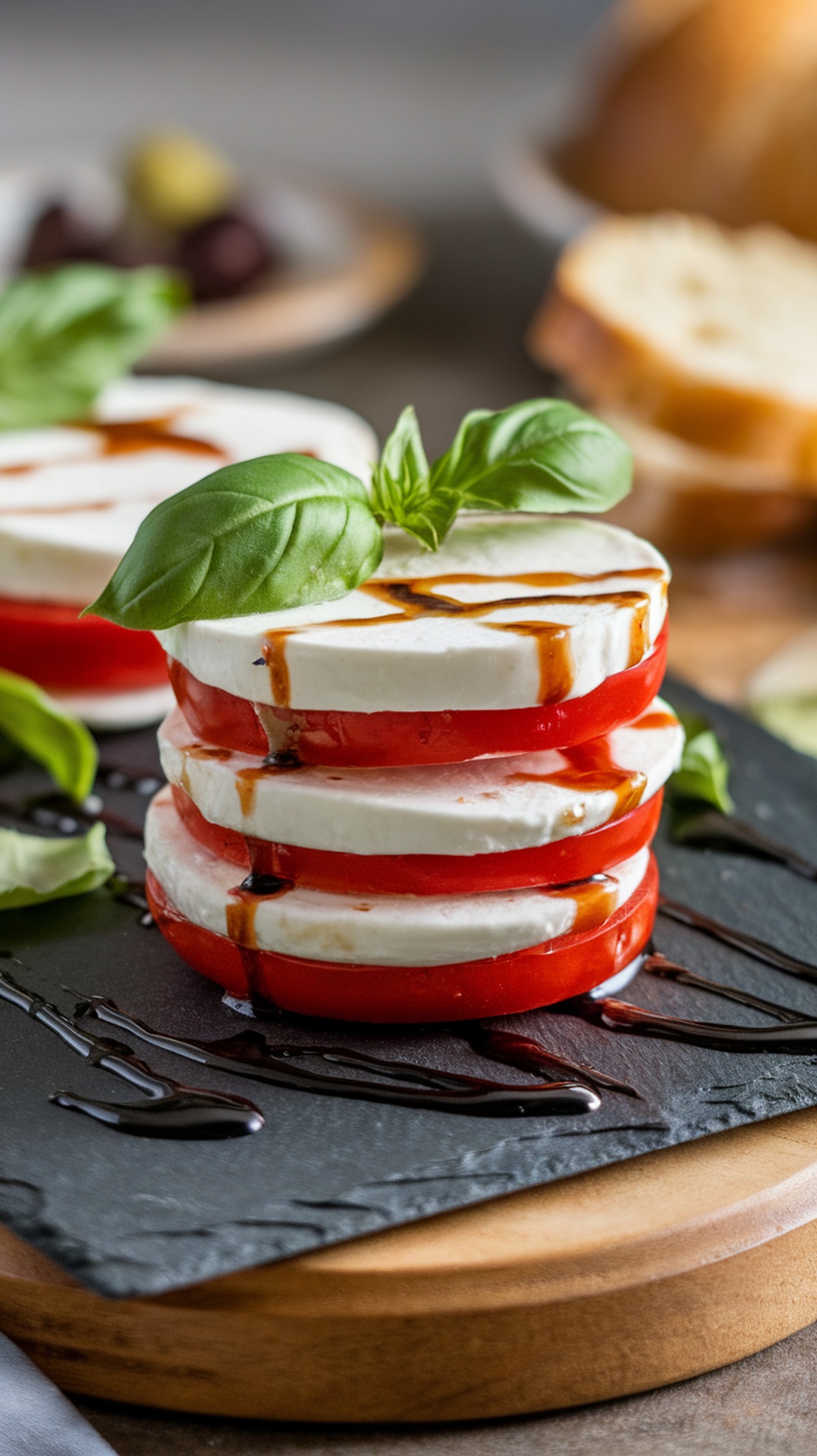 A layered Caprese salad with tomatoes, mozzarella, and basil, drizzled with balsamic reduction on a slate plate.