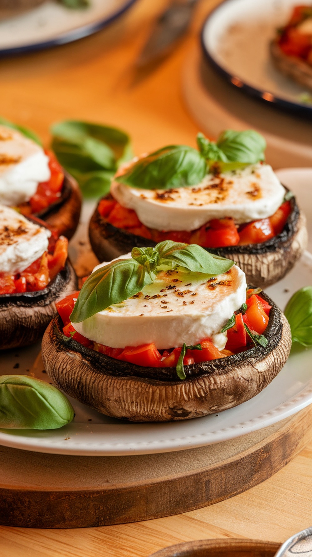 Caprese stuffed portobello mushrooms topped with mozzarella and basil