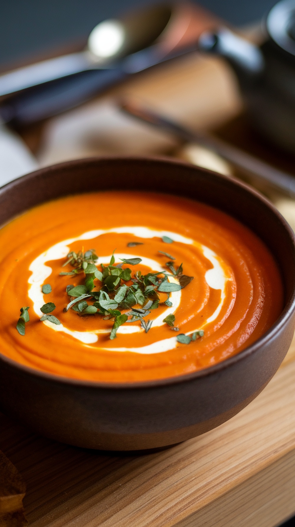 A bowl of carrot and ginger soup garnished with cream and herbs