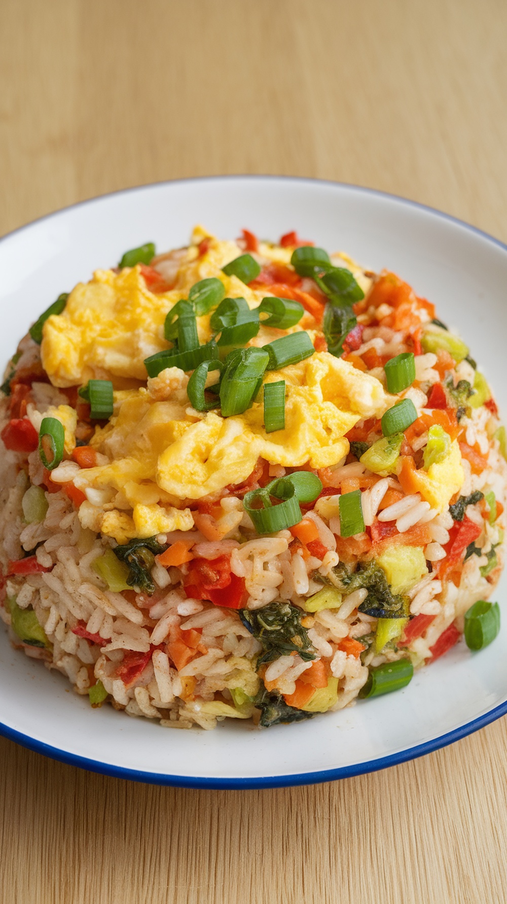 A plate of cauliflower fried rice topped with scrambled eggs and green onions.