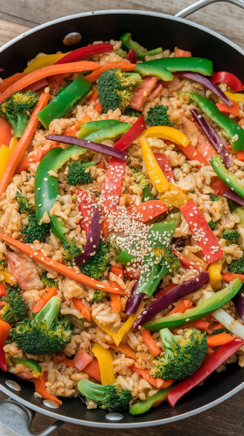 A colorful cauliflower rice stir-fry with various vegetables including bell peppers and broccoli.