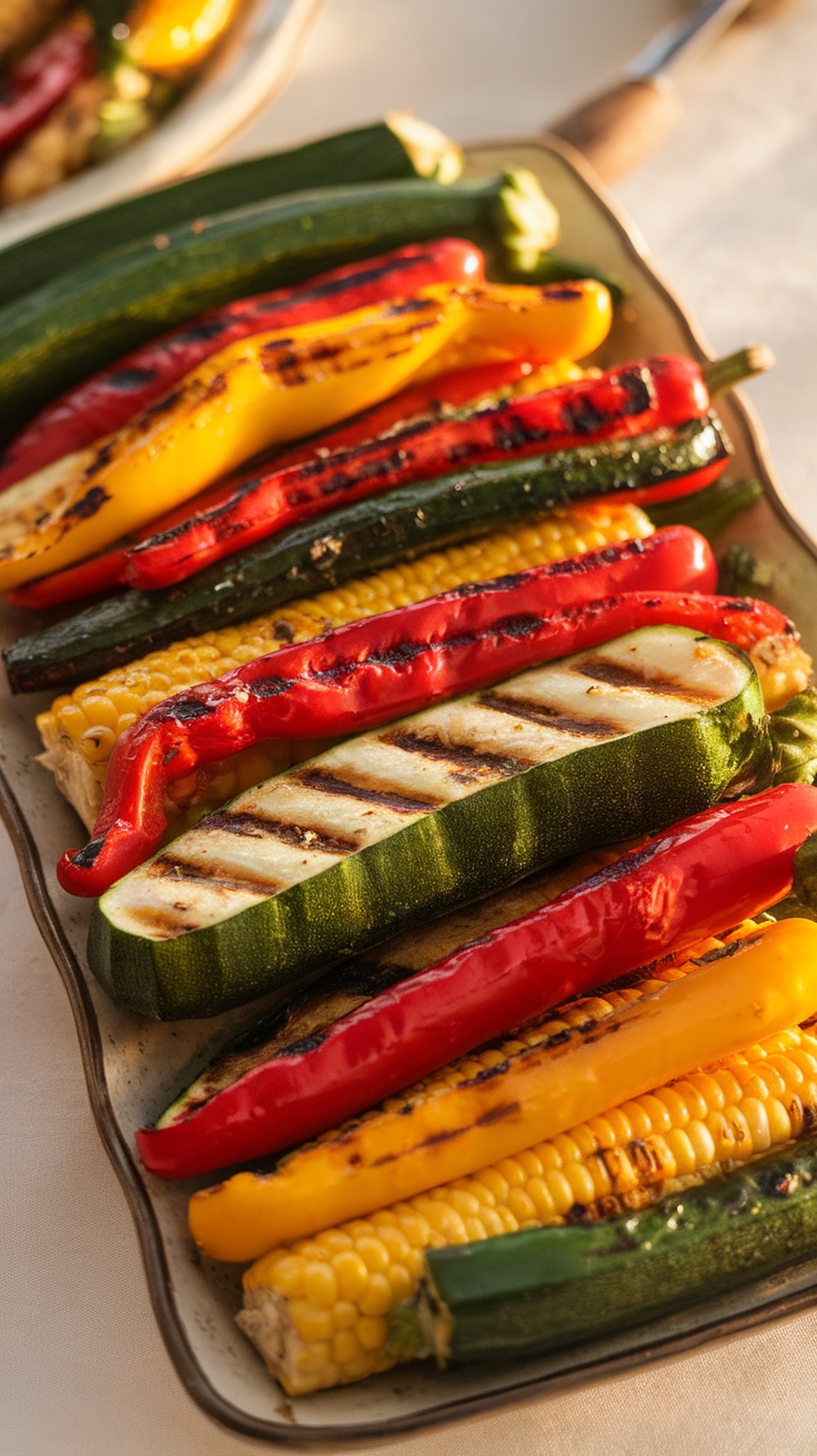 A colorful platter of charred vegetables including zucchini, bell peppers, and corn, beautifully grilled for summer outdoor entertaining.