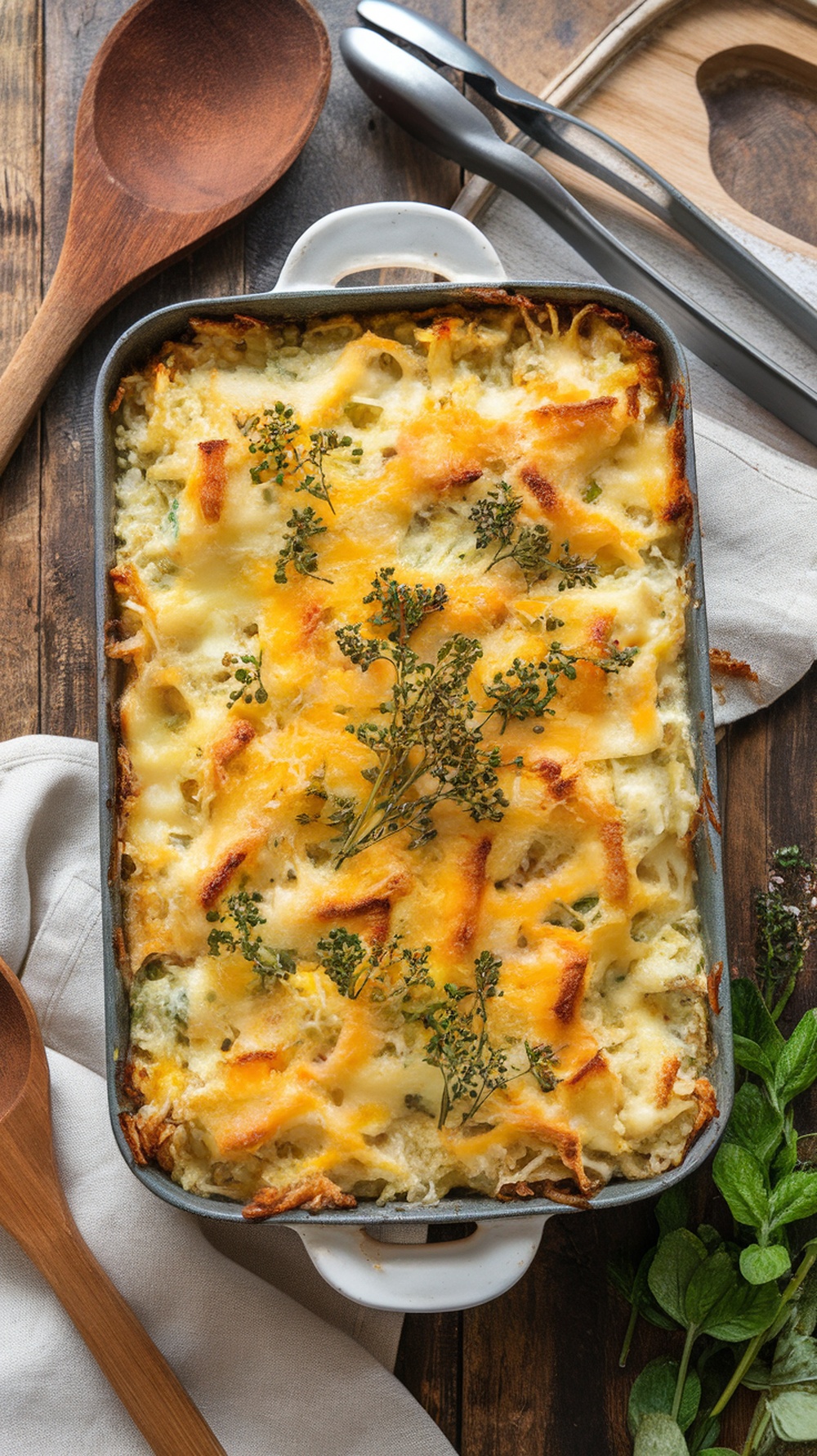 A delicious cheesy broccoli rice casserole topped with melted cheese and fresh herbs, served in a baking dish.
