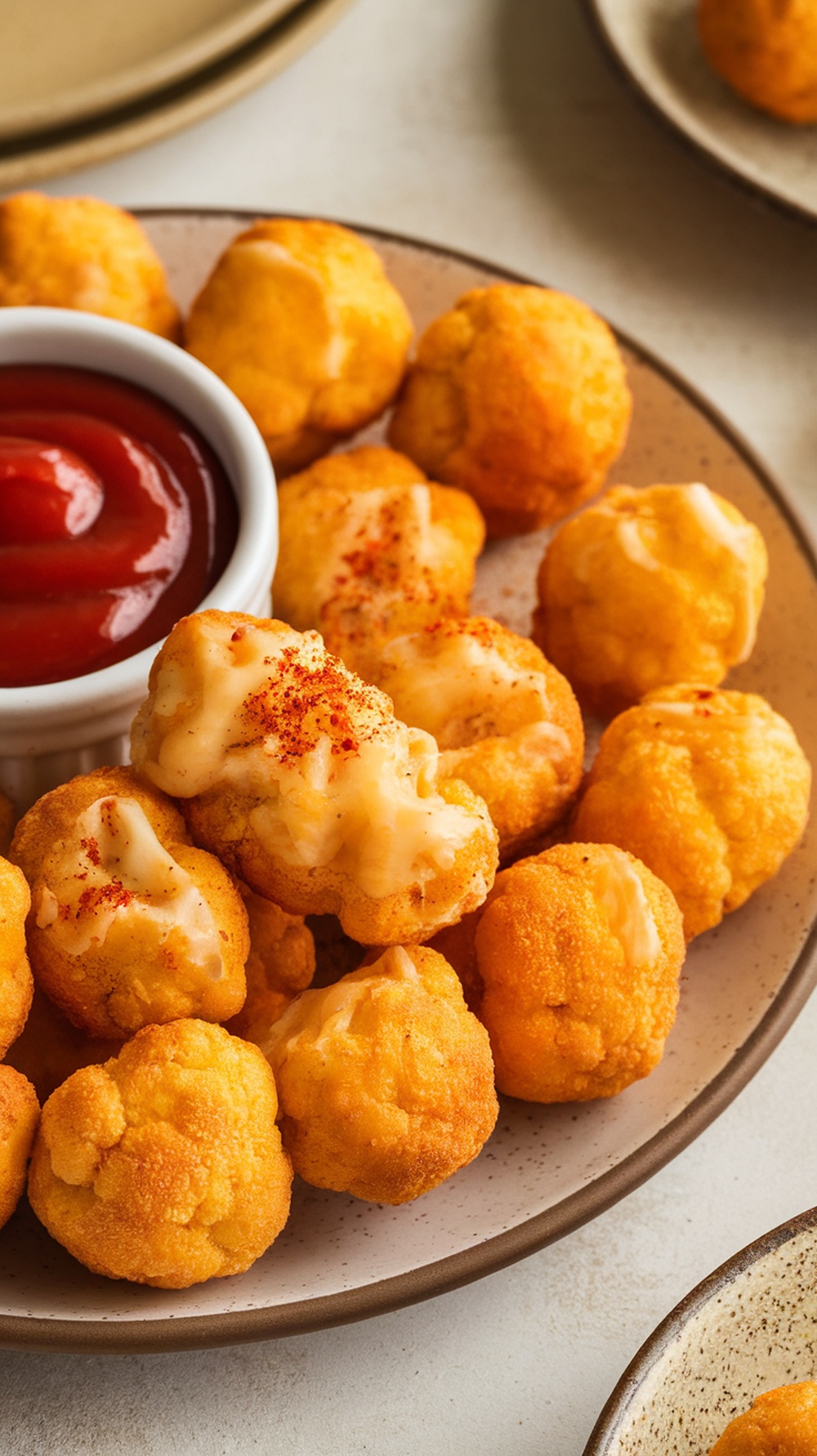 A plate of cheesy cauliflower tots with ketchup