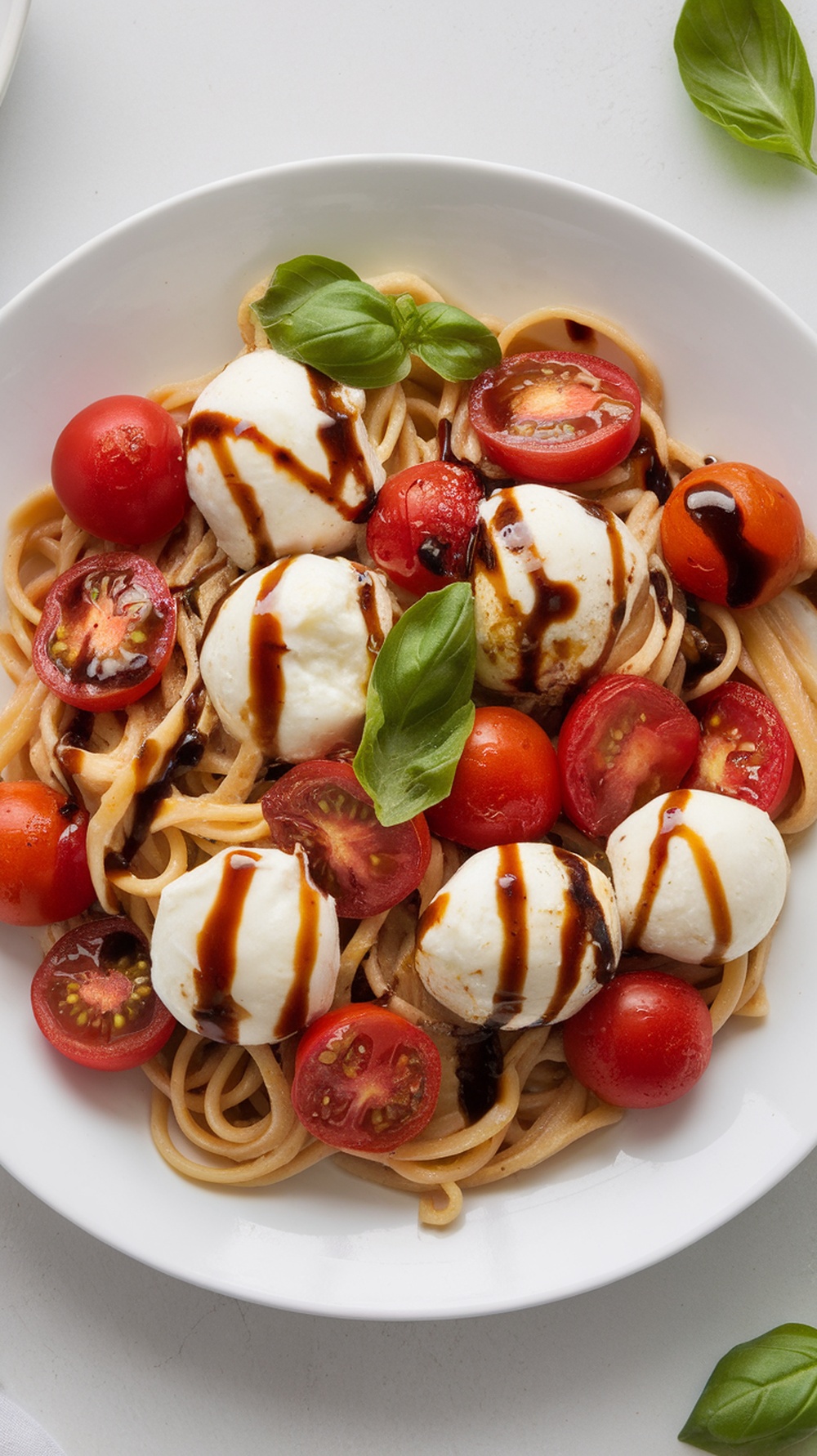 A bowl of Cherry Tomato and Mozzarella Caprese Pasta with fresh basil and balsamic drizzle