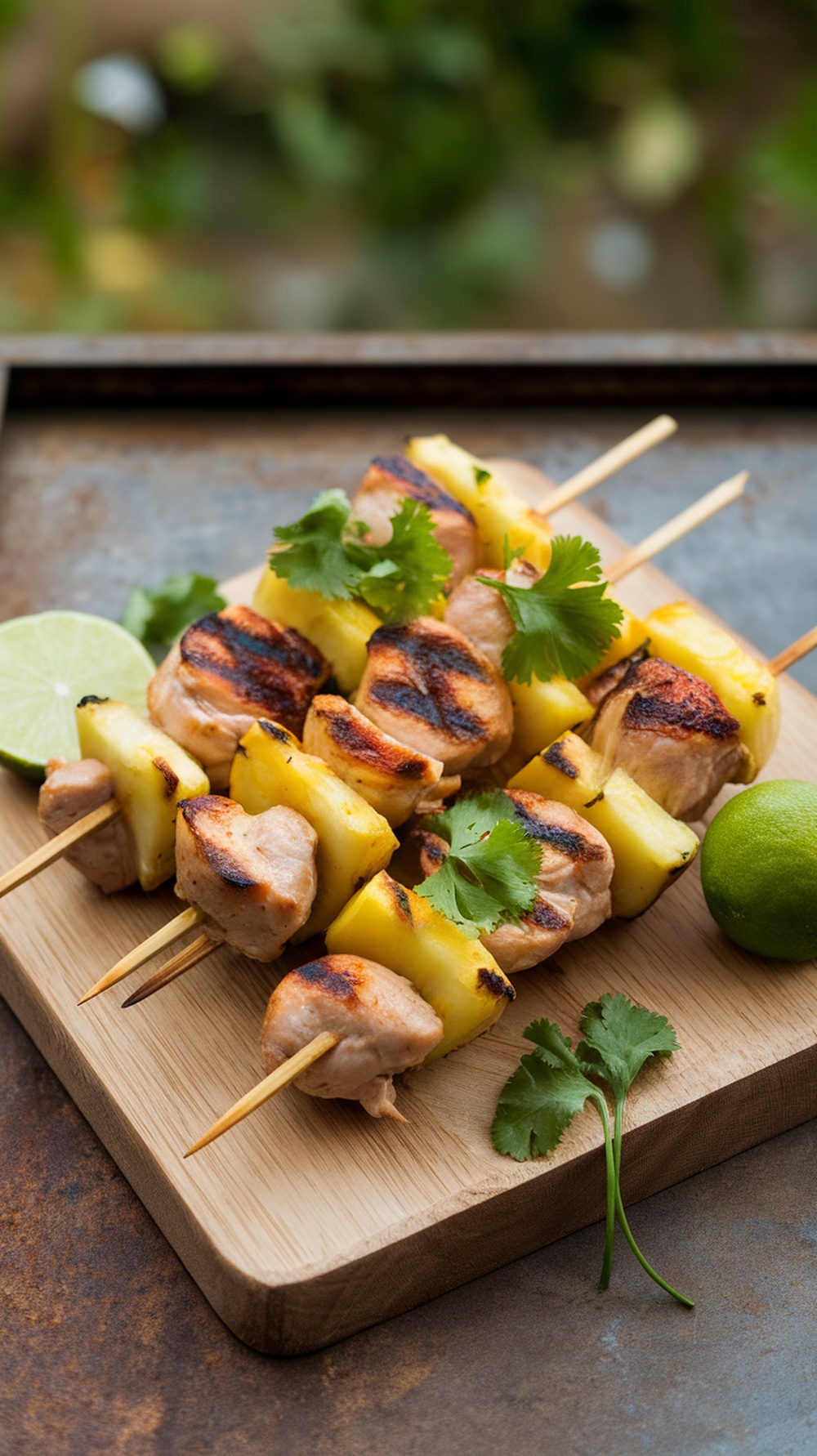 Grilled chicken and pineapple skewers on a wooden board with lime and cilantro