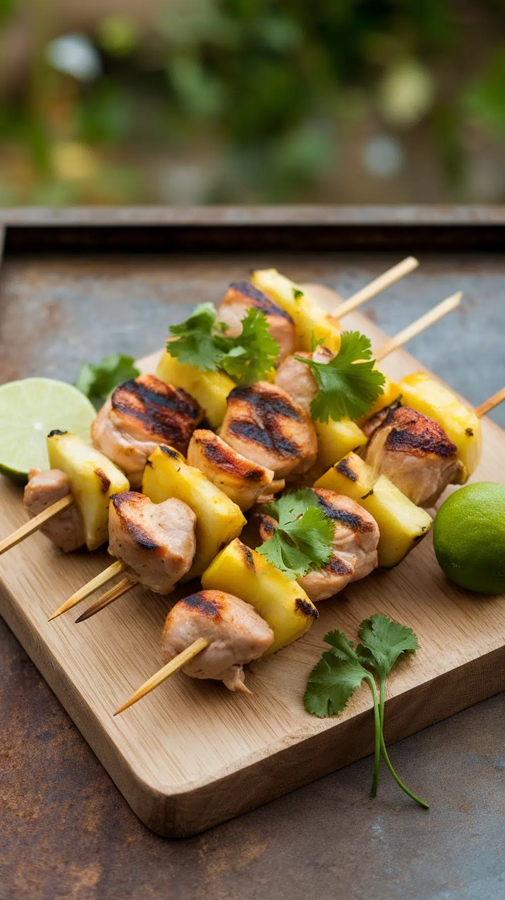Grilled chicken and pineapple skewers on a wooden board with lime and cilantro