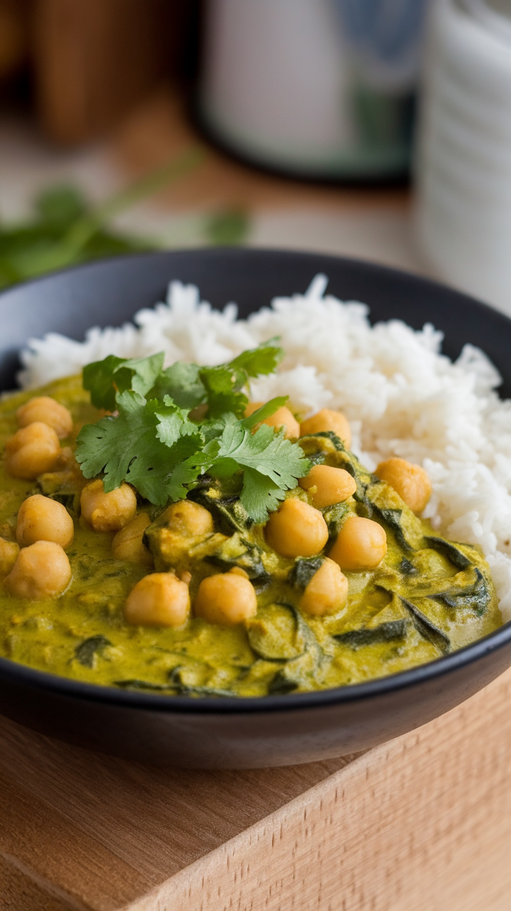 A bowl of chickpea and spinach curry served with rice, topped with cilantro.