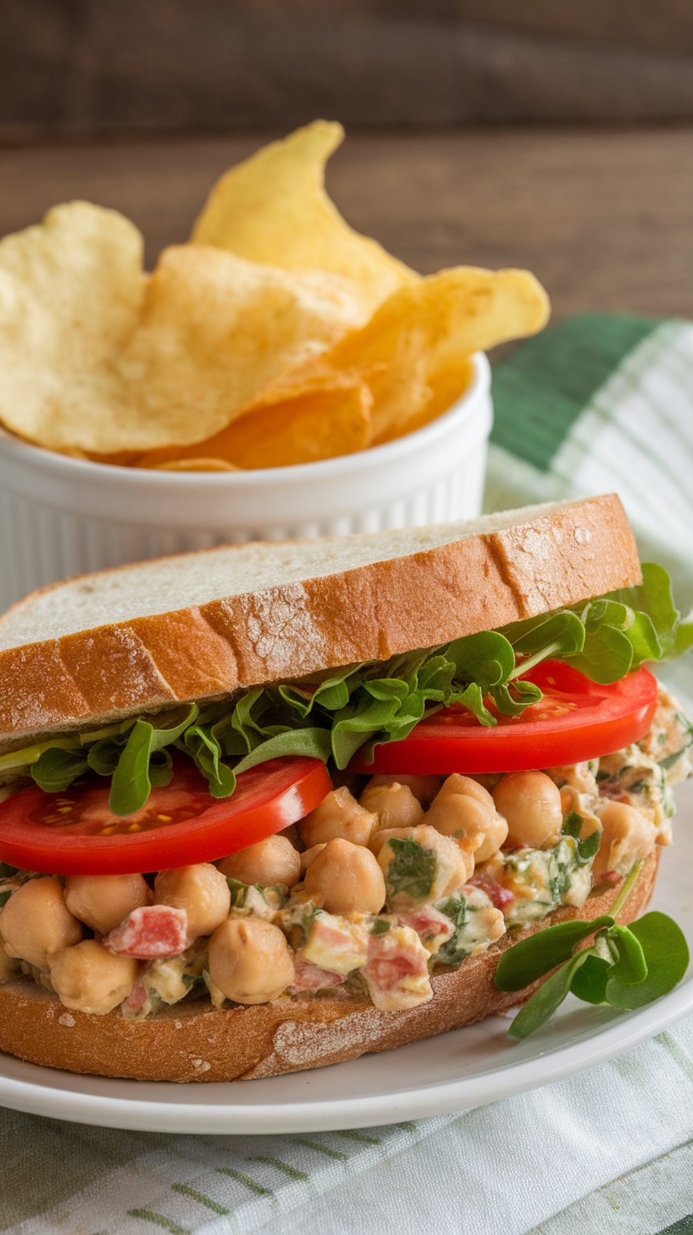 A delicious chickpea salad sandwich with lettuce and tomato, served with a side of potato chips.