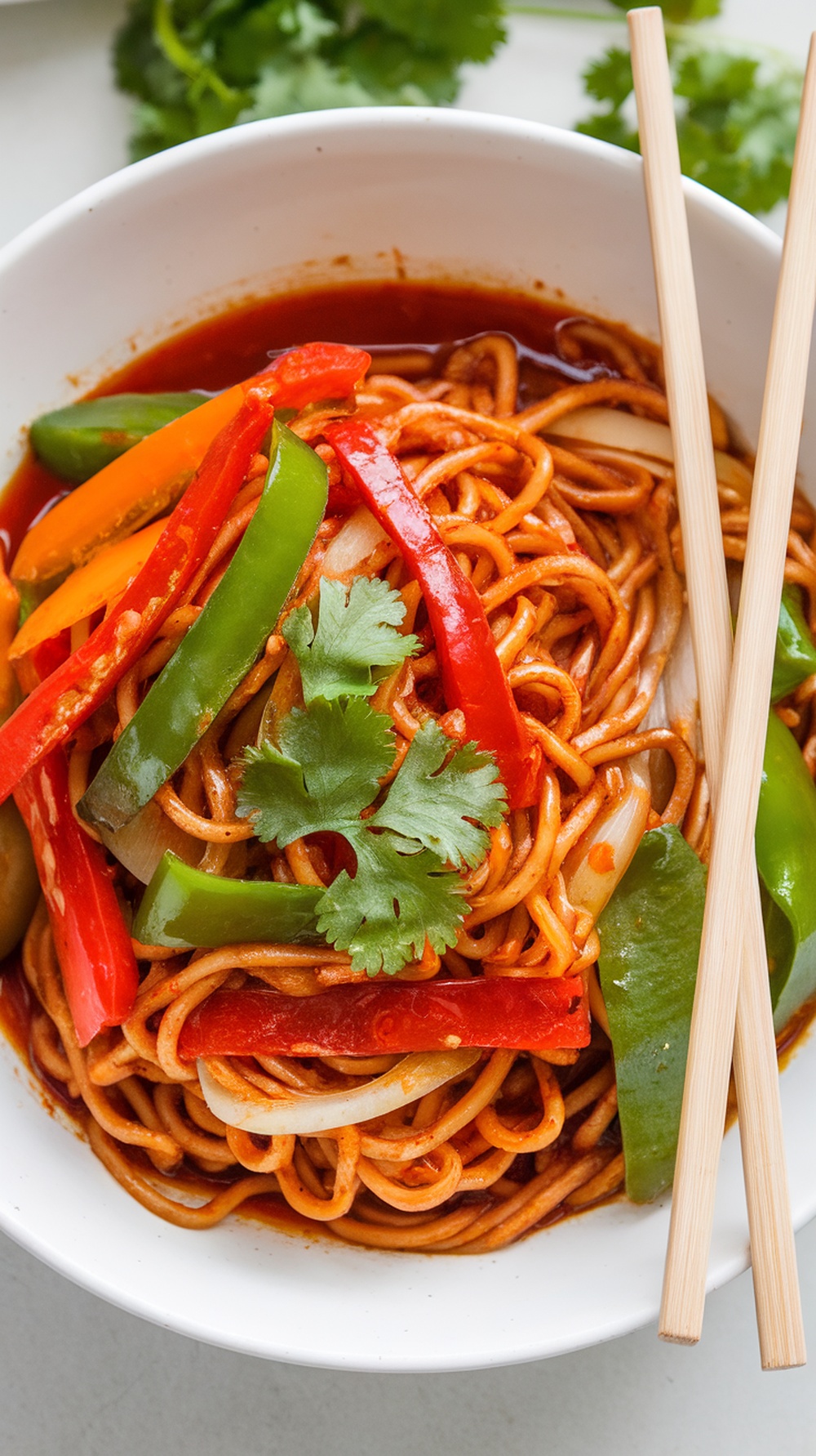 A bowl of chili garlic noodles with colorful vegetables and cilantro, served with chopsticks.