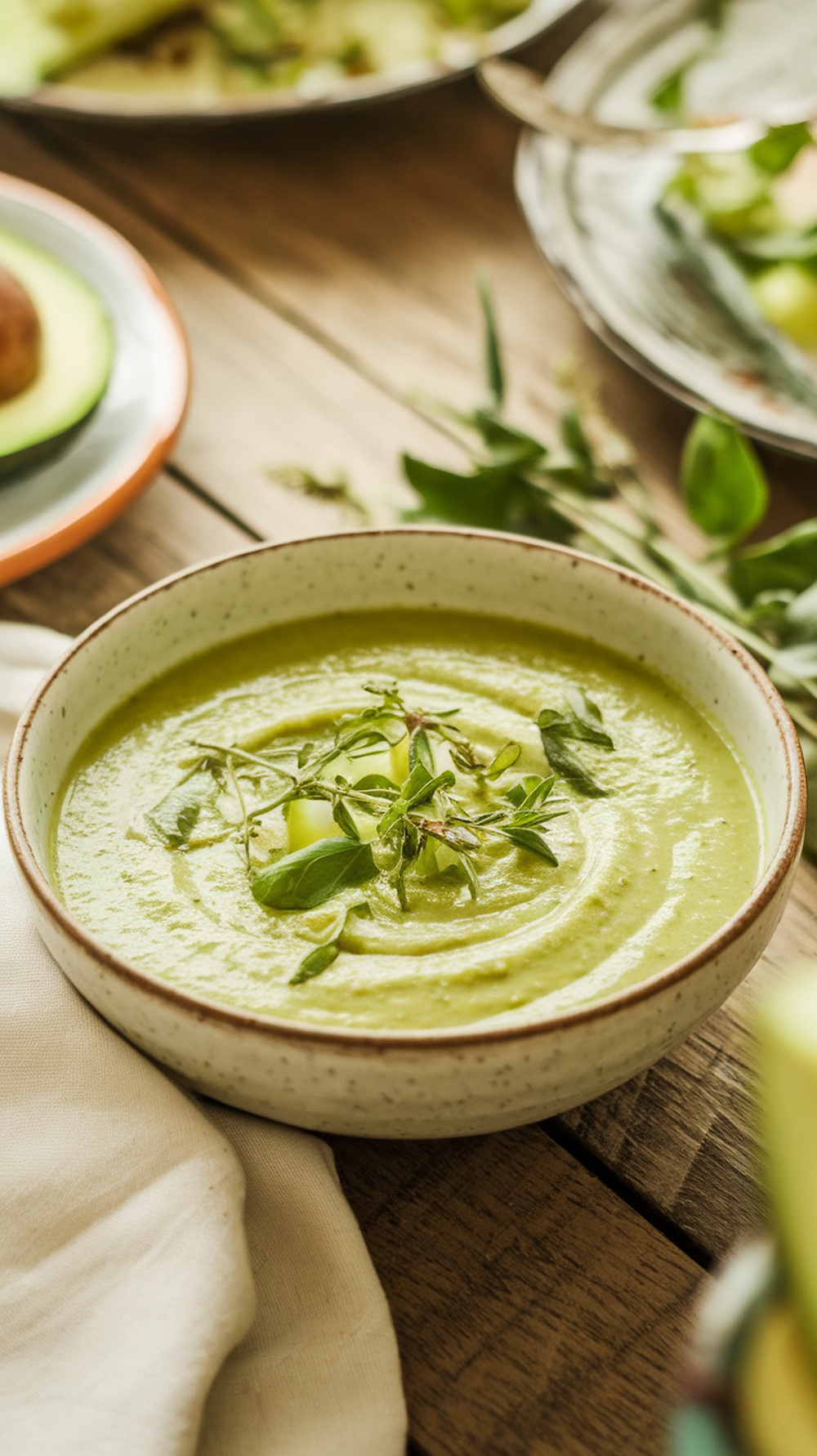 A bowl of chilled avocado and cucumber soup garnished with fresh herbs.