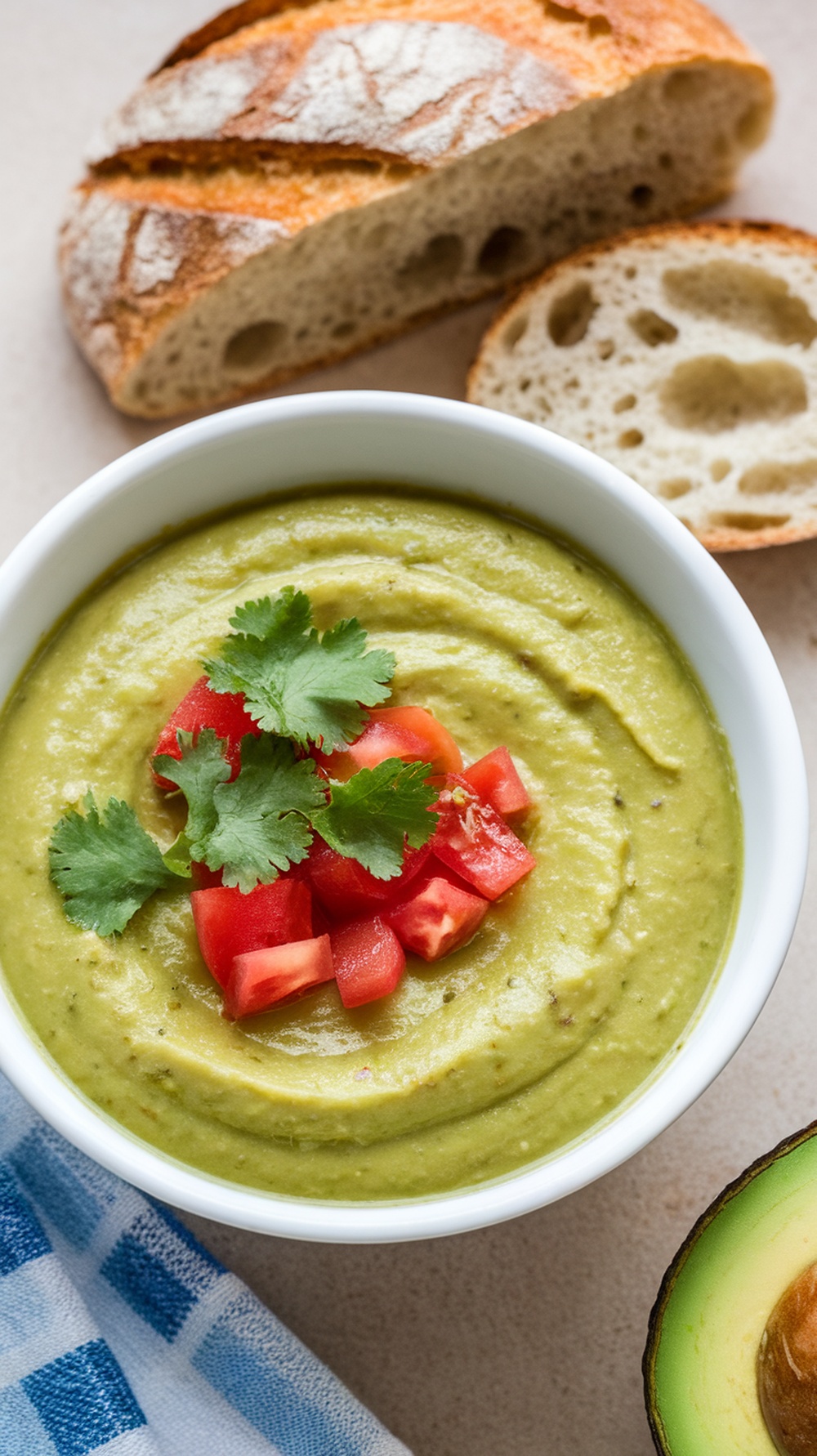 A bowl of chilled avocado soup garnished with diced tomatoes and cilantro, with slices of bread on the side.