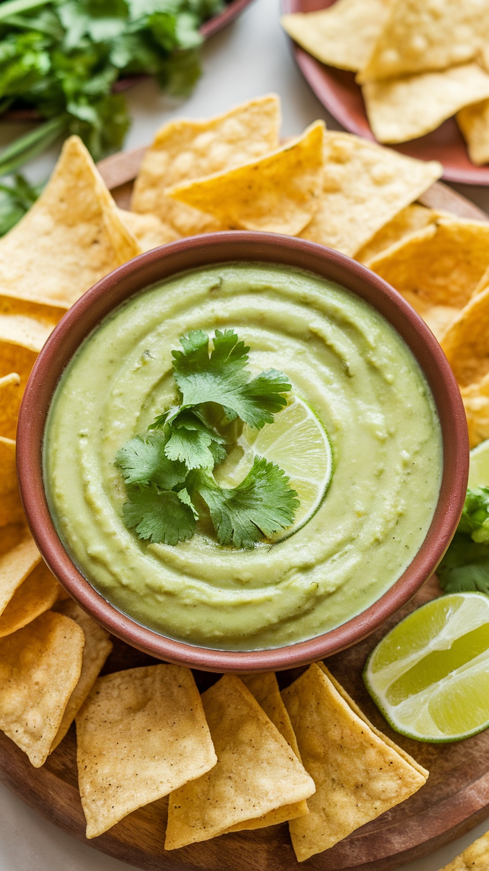 Chilled avocado soup topped with cilantro and lime, served with tortilla chips.
