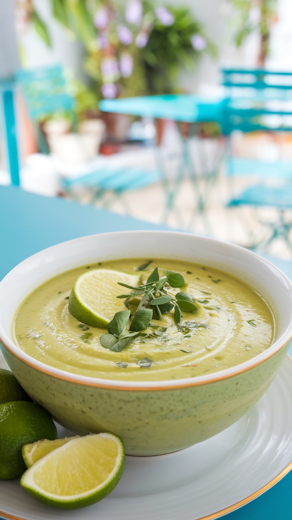 Chilled avocado soup garnished with lime and herbs